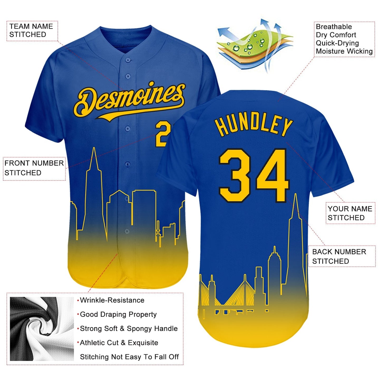 Custom Royal Yellow-Black 3D San Francisco City Edition Fade Fashion Authentic Baseball Jersey baseball jersey product view 3