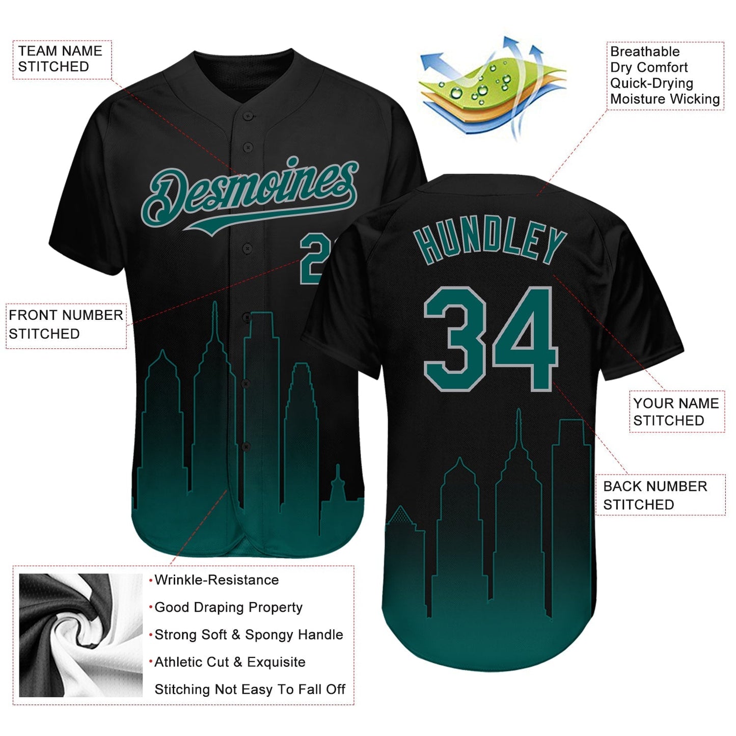 Custom Black Midnight Green-Gray 3D Philadelphia City Edition Fade Fashion Authentic Baseball Jersey baseball jersey product view 3
