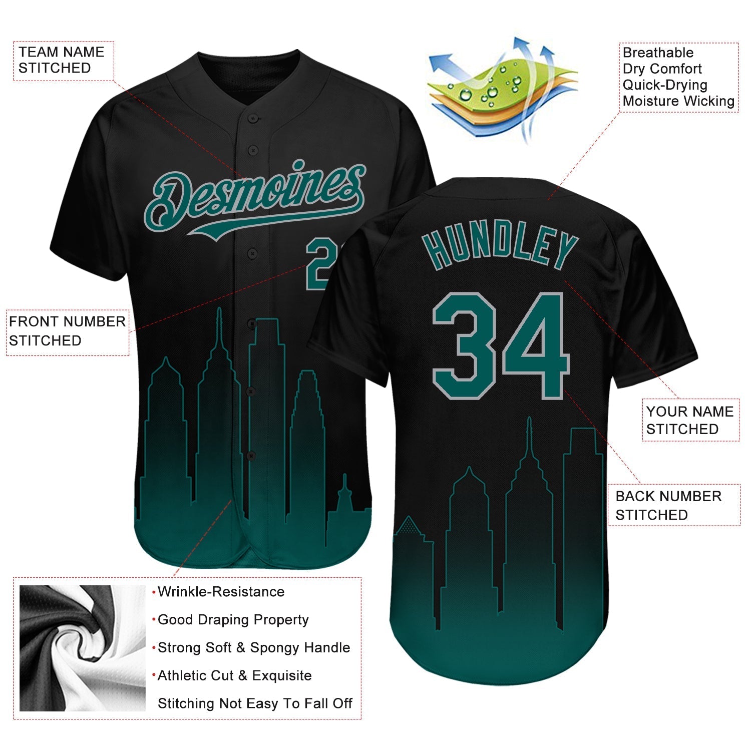 Custom Black Midnight Green-Gray 3D Philadelphia City Edition Fade Fashion Authentic Baseball Jersey baseball jersey product view 3