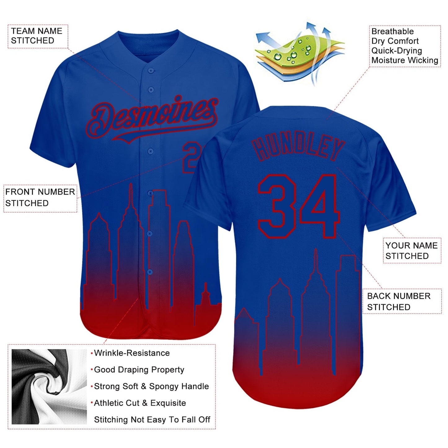 Custom Royal Red 3D Philadelphia City Edition Fade Fashion Authentic Baseball Jersey baseball jersey product view 3