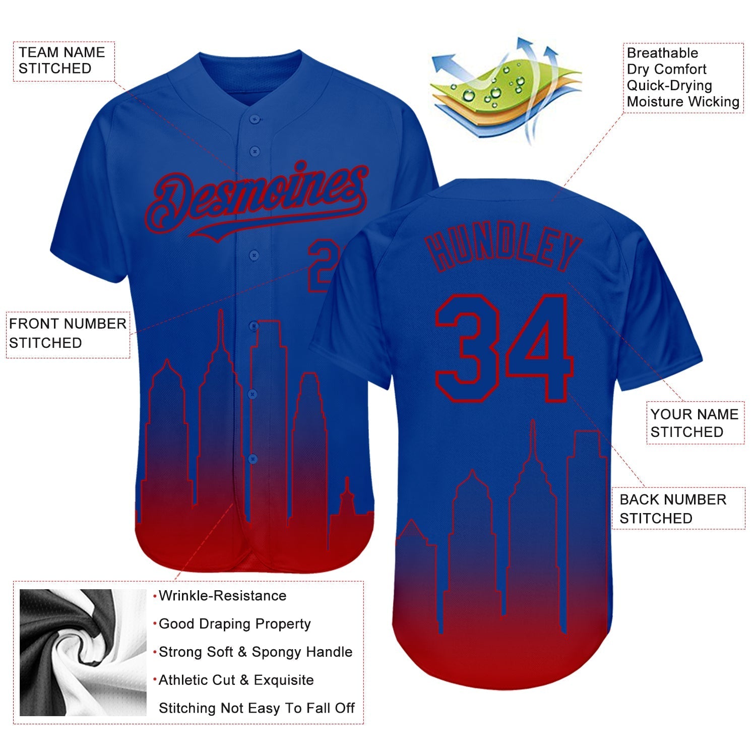 Custom Royal Red 3D Philadelphia City Edition Fade Fashion Authentic Baseball Jersey baseball jersey product view 3