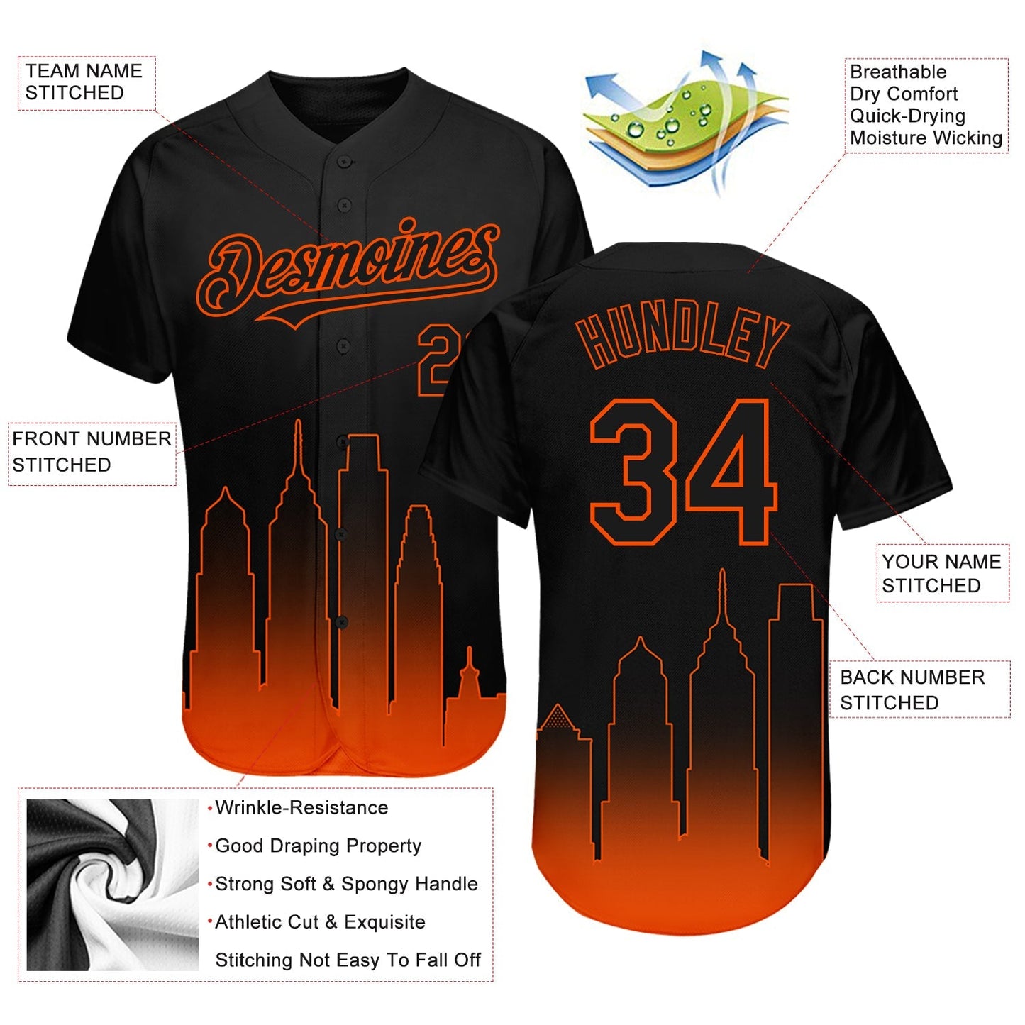 Custom Black Orange 3D Philadelphia City Edition Fade Fashion Authentic Baseball Jersey baseball jersey product view 3