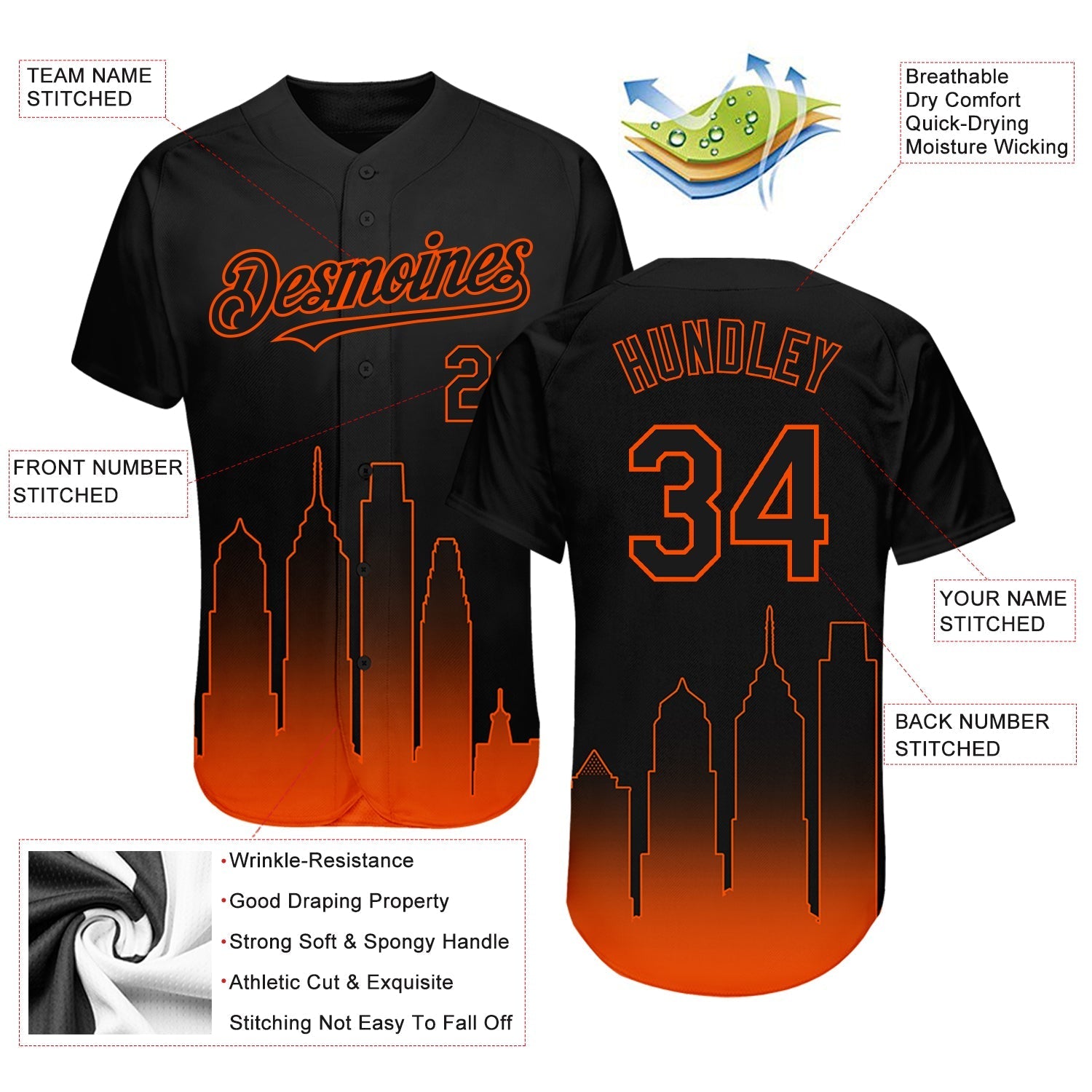 Custom Black Orange 3D Philadelphia City Edition Fade Fashion Authentic Baseball Jersey baseball jersey product view 3