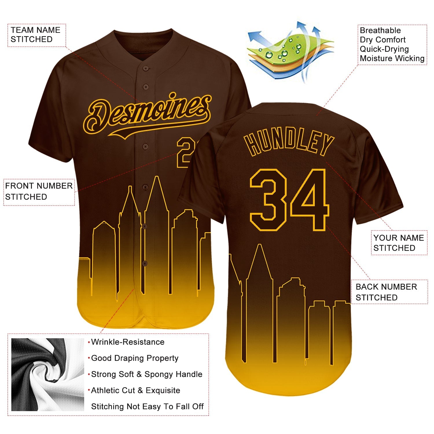 Custom Brown Gold 3D San Diego City Edition Fade Fashion Authentic Baseball Jersey baseball jersey product view 3
