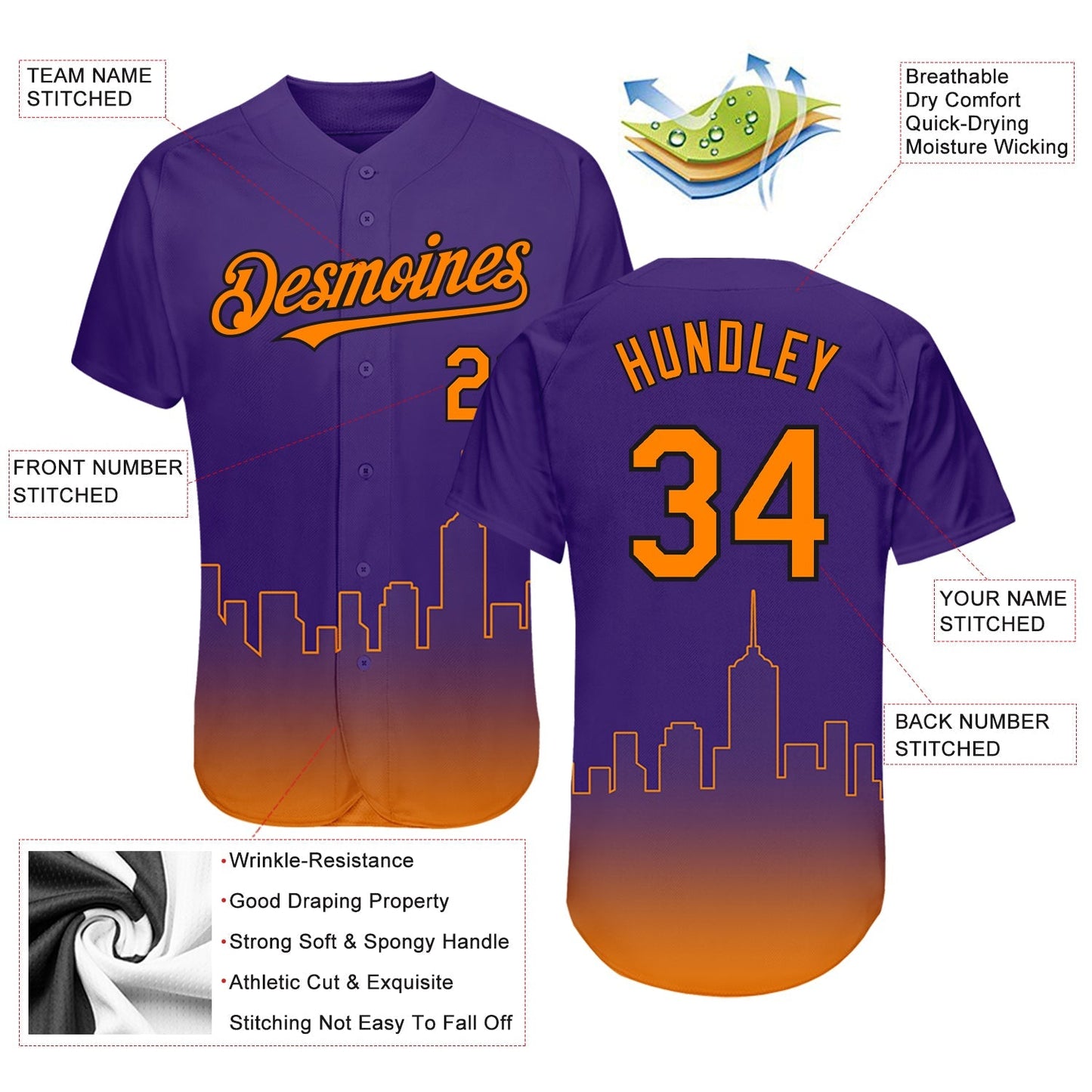 Custom Purple Bay Orange-Black 3D Phoenix City Edition Fade Fashion Authentic Baseball Jersey baseball jersey product view 3