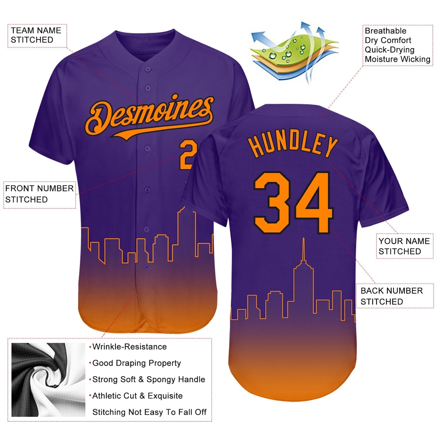 Custom Purple Bay Orange-Black 3D Phoenix City Edition Fade Fashion Authentic Baseball Jersey baseball jersey product view 3