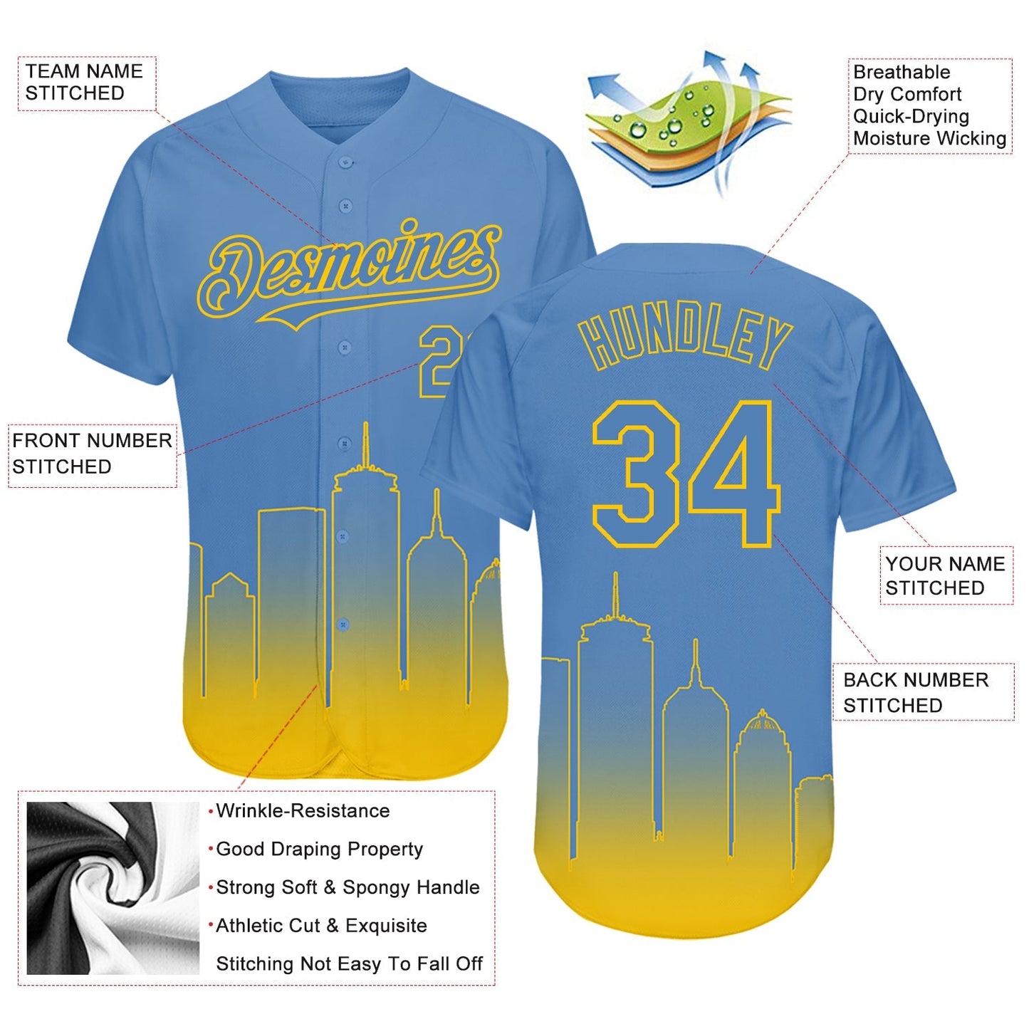 Custom Light Blue Yellow 3D Boston City Edition Fade Fashion Authentic Baseball Jersey baseball jersey product view 3
