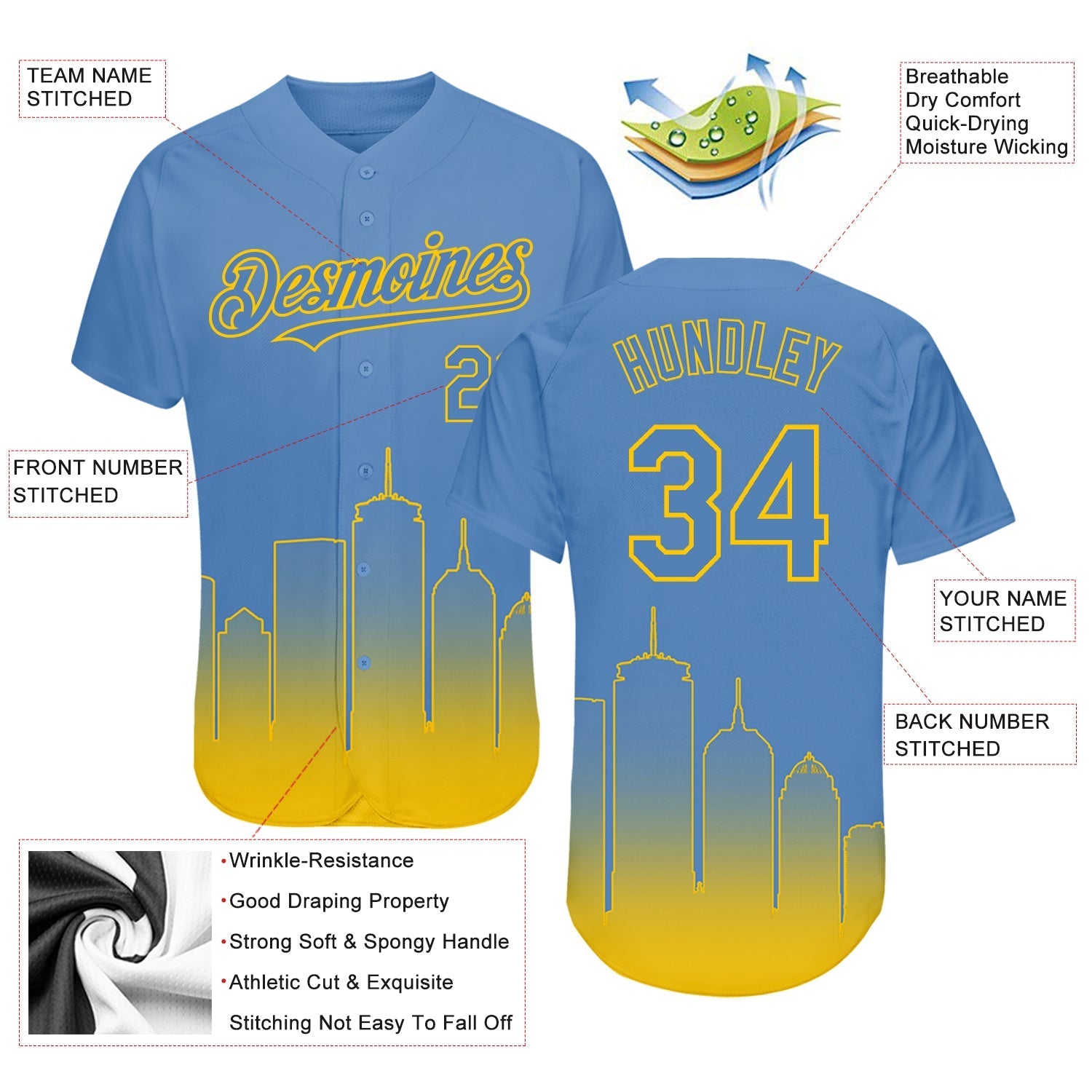 Custom Light Blue Yellow 3D Boston City Edition Fade Fashion Authentic Baseball Jersey baseball jersey product view 3