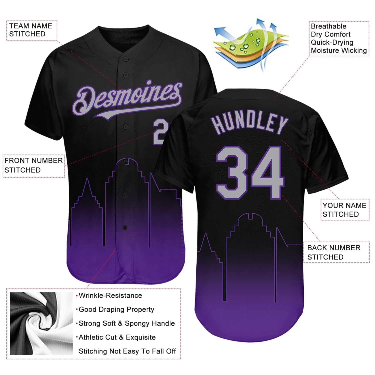 Custom Black Gray-Purple 3D Sacramento City Edition Fade Fashion Authentic Baseball Jersey baseball jersey product view 3