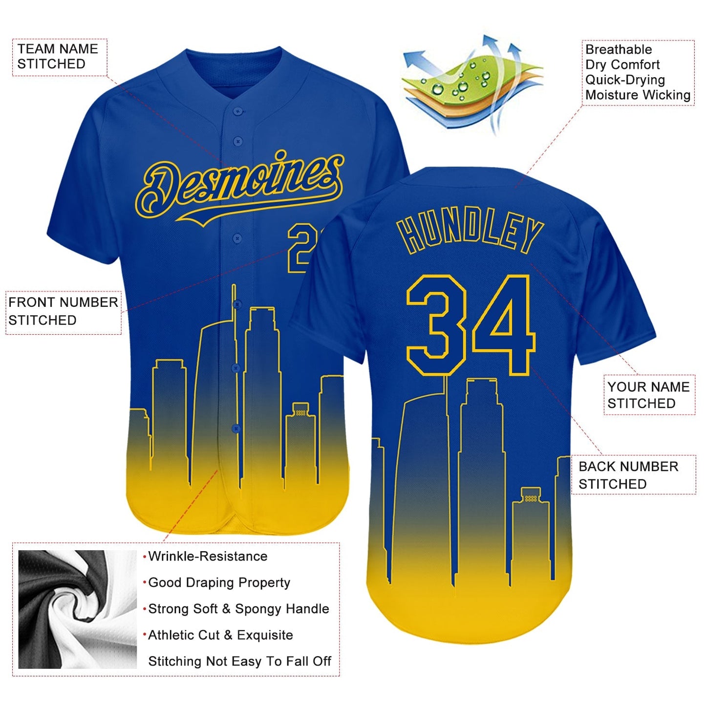 Custom Royal Yellow 3D Los Angeles City Edition Fade Fashion Authentic Baseball Jersey baseball jersey product view 3