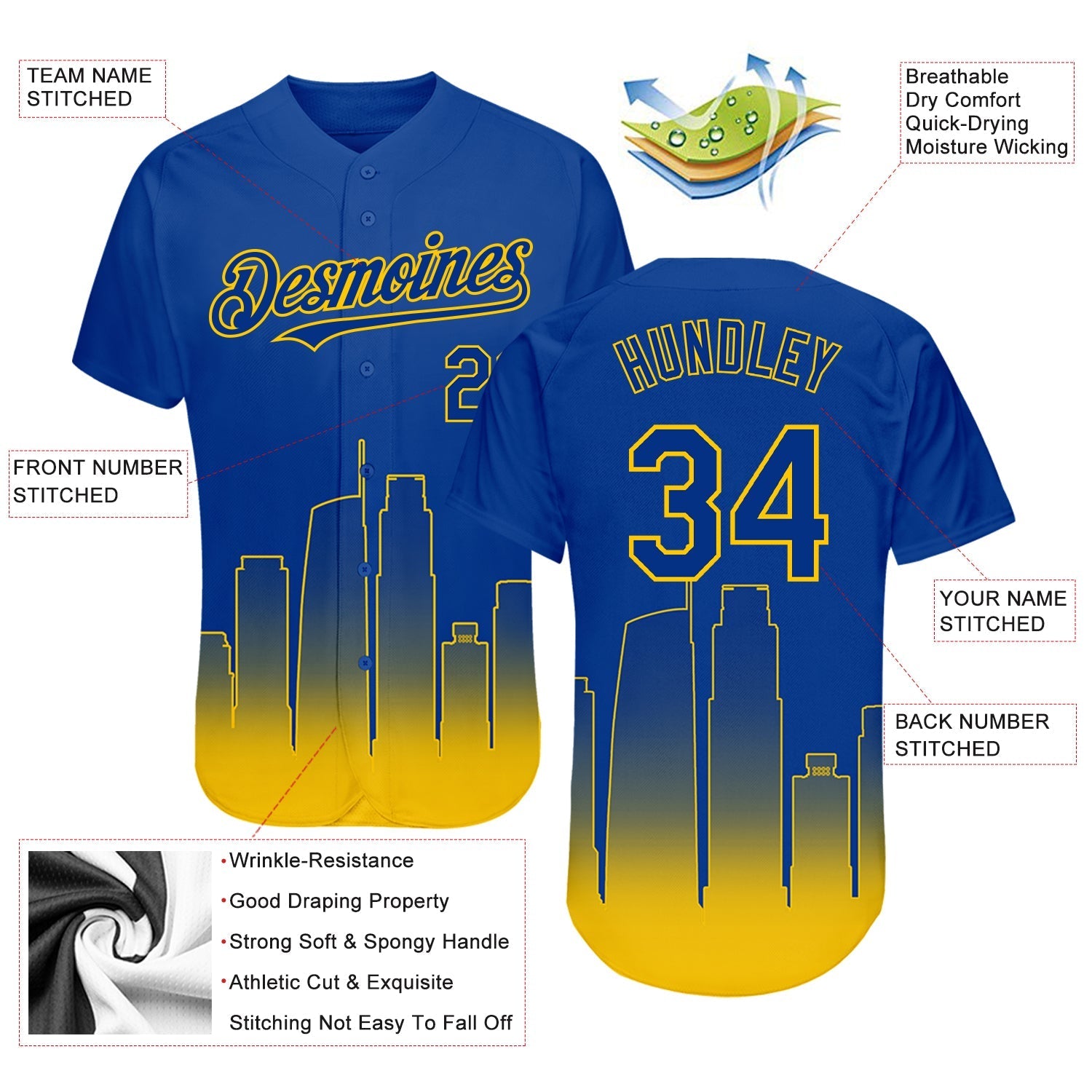 Custom Royal Yellow 3D Los Angeles City Edition Fade Fashion Authentic Baseball Jersey baseball jersey product view 3