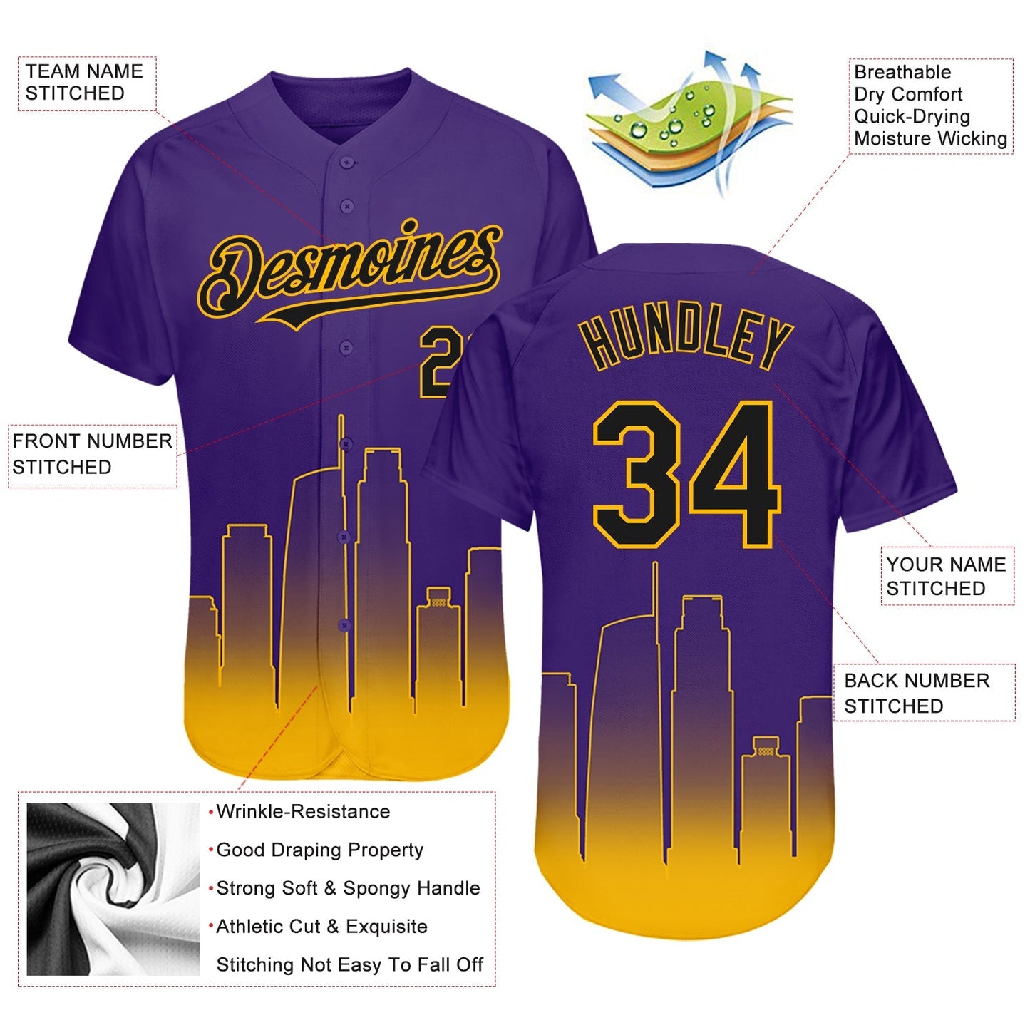 Custom Purple Black-Gold 3D Los Angeles City Edition Fade Fashion Authentic Baseball Jersey baseball jersey product view 3