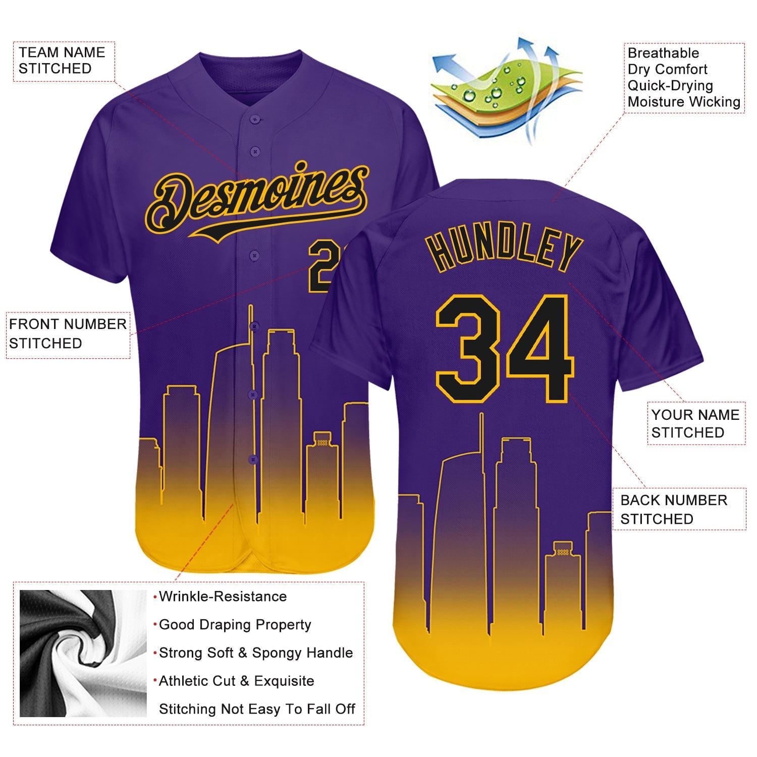 Custom Purple Black-Gold 3D Los Angeles City Edition Fade Fashion Authentic Baseball Jersey baseball jersey product view 3