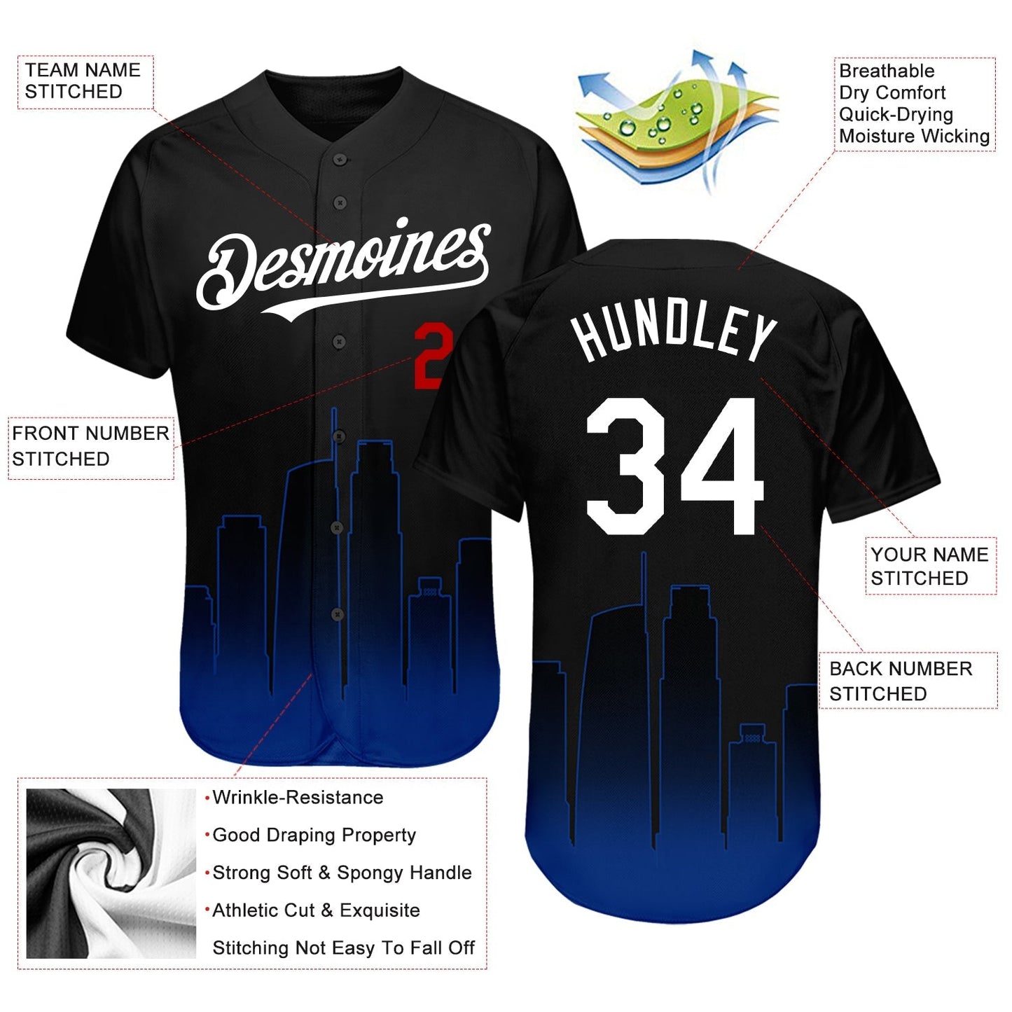 Custom Black White Royal-Red 3D Los Angeles City Edition Fade Fashion Authentic Baseball Jersey baseball jersey product view 3