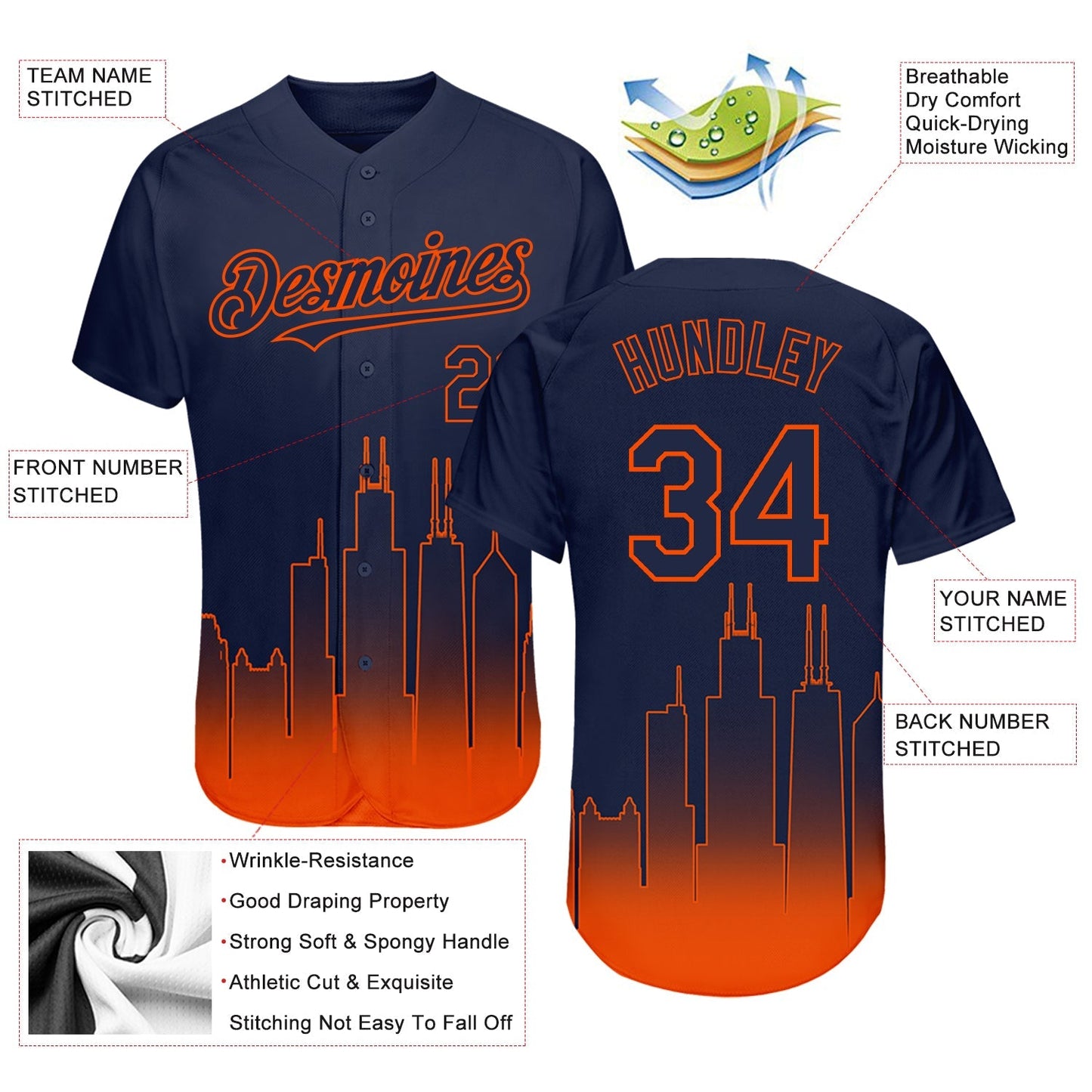 Custom Navy Orange 3D Chicago City Edition Fade Fashion Authentic Baseball Jersey baseball jersey product view 3