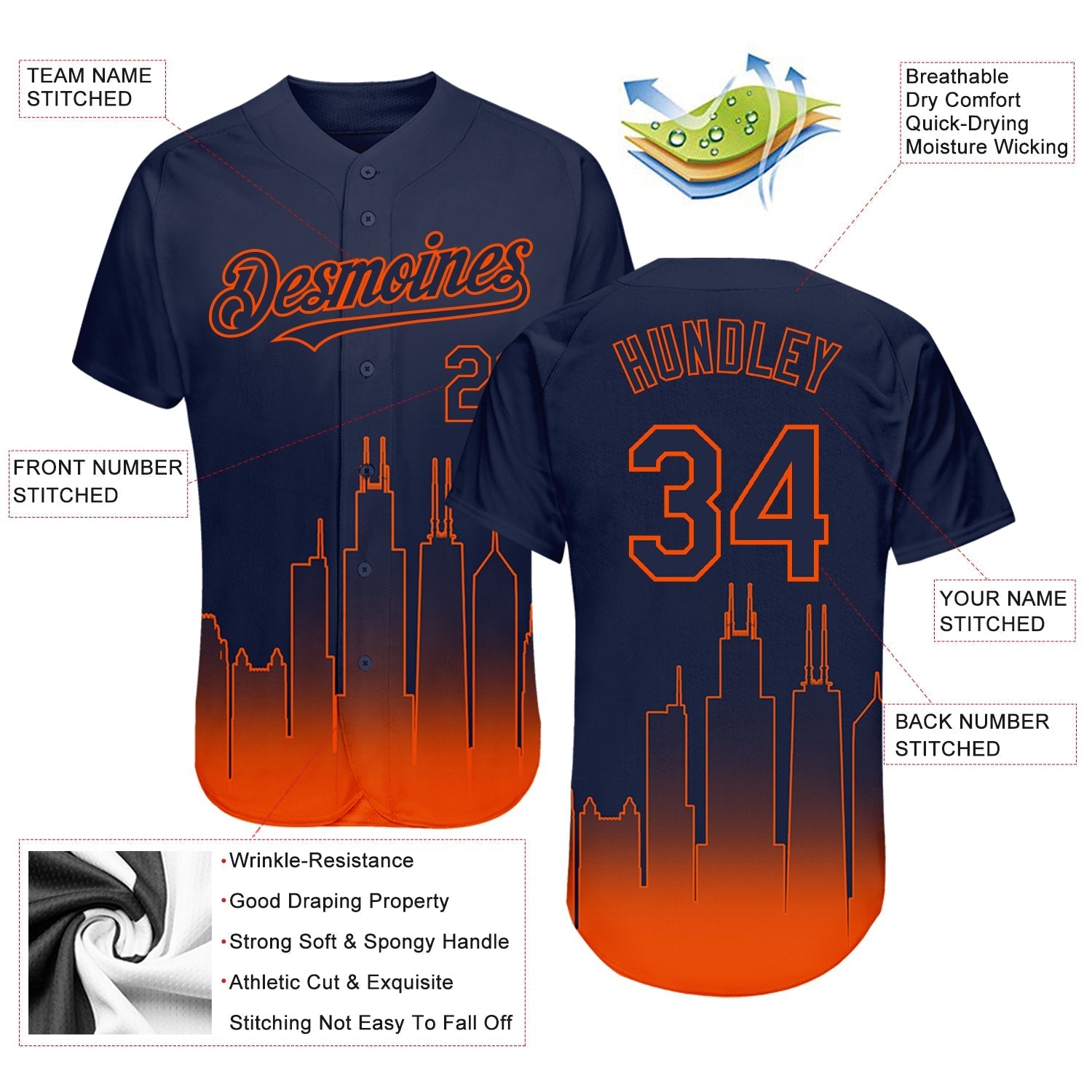 Custom Navy Orange 3D Chicago City Edition Fade Fashion Authentic Baseball Jersey baseball jersey product view 3