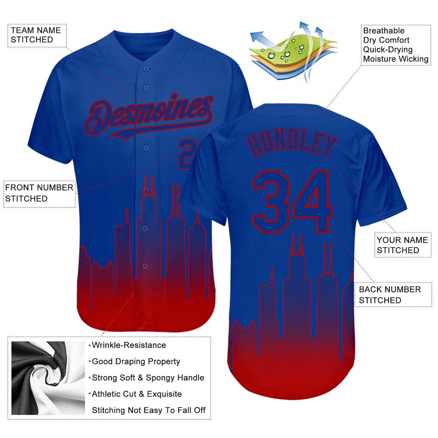 Custom Royal Red 3D Chicago City Edition Fade Fashion Authentic Baseball Jersey baseball jersey product view 3