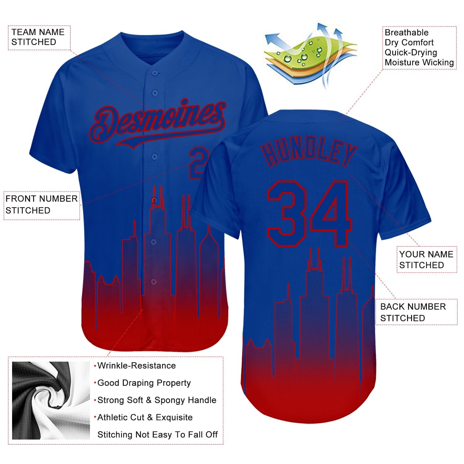 Custom Royal Red 3D Chicago City Edition Fade Fashion Authentic Baseball Jersey baseball jersey product view 3
