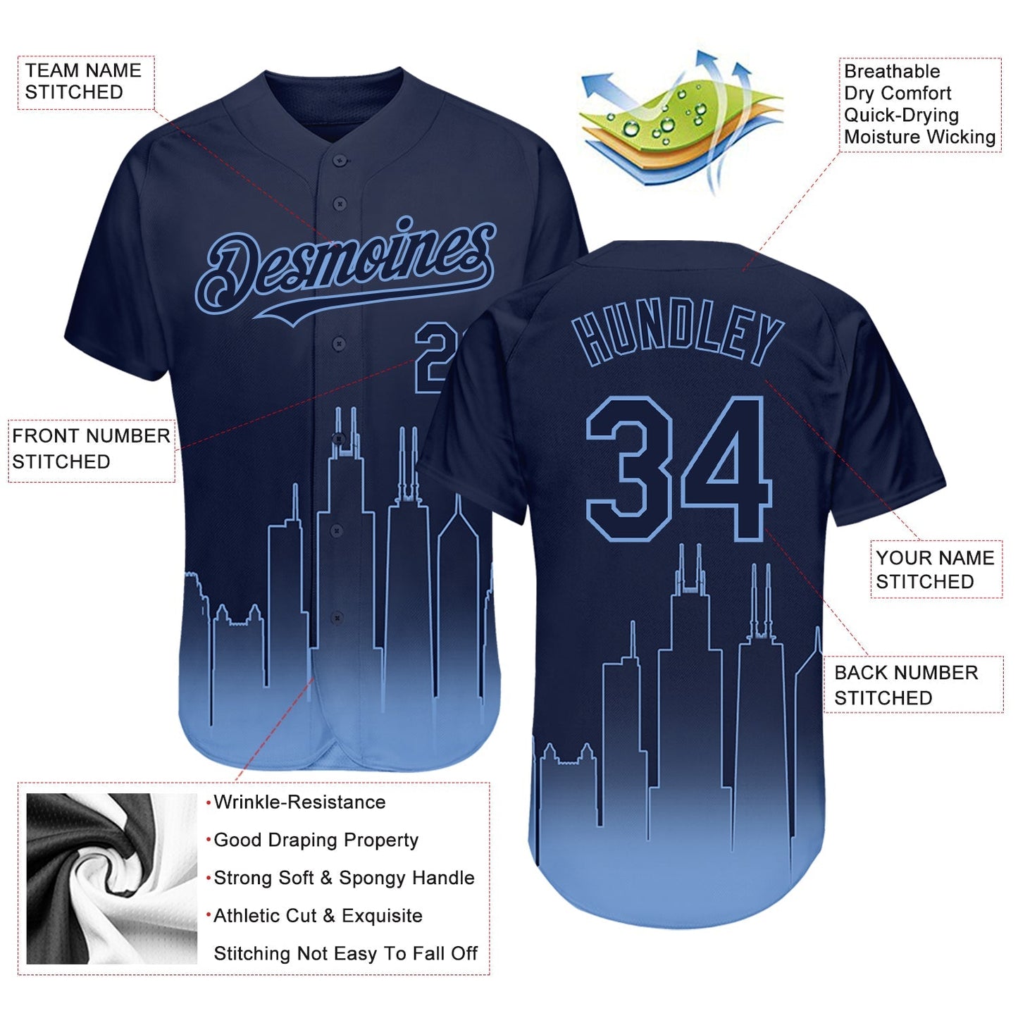 Custom Navy Light Blue 3D Chicago City Edition Fade Fashion Authentic Baseball Jersey baseball jersey product view 4
