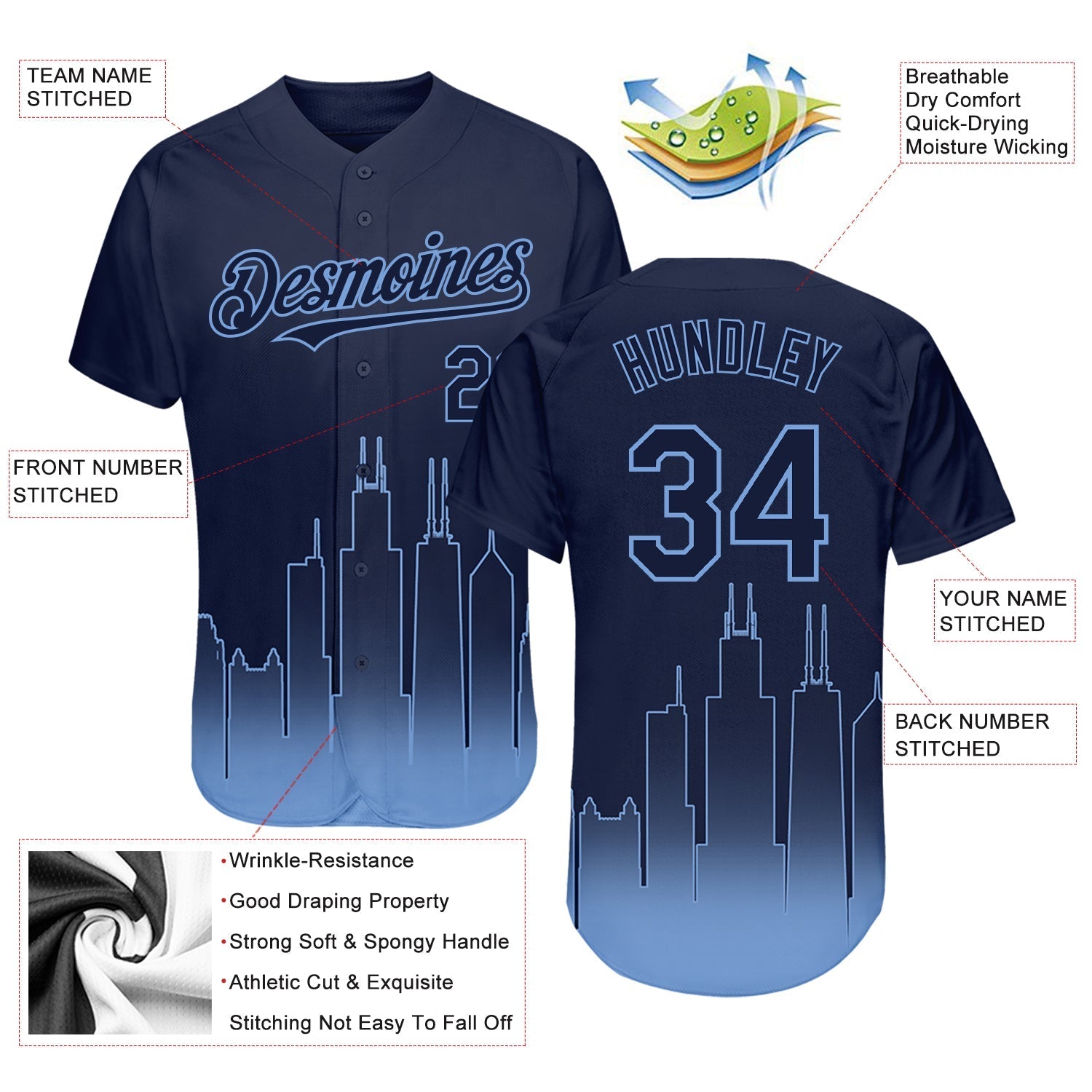 Custom Navy Light Blue 3D Chicago City Edition Fade Fashion Authentic Baseball Jersey baseball jersey product view 4