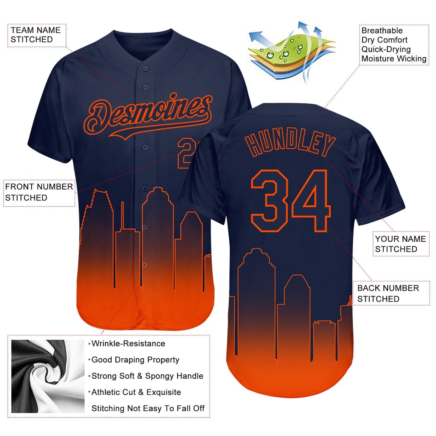 Custom Navy Orange 3D Houston City Edition Fade Fashion Authentic Baseball Jersey baseball jersey product view 3