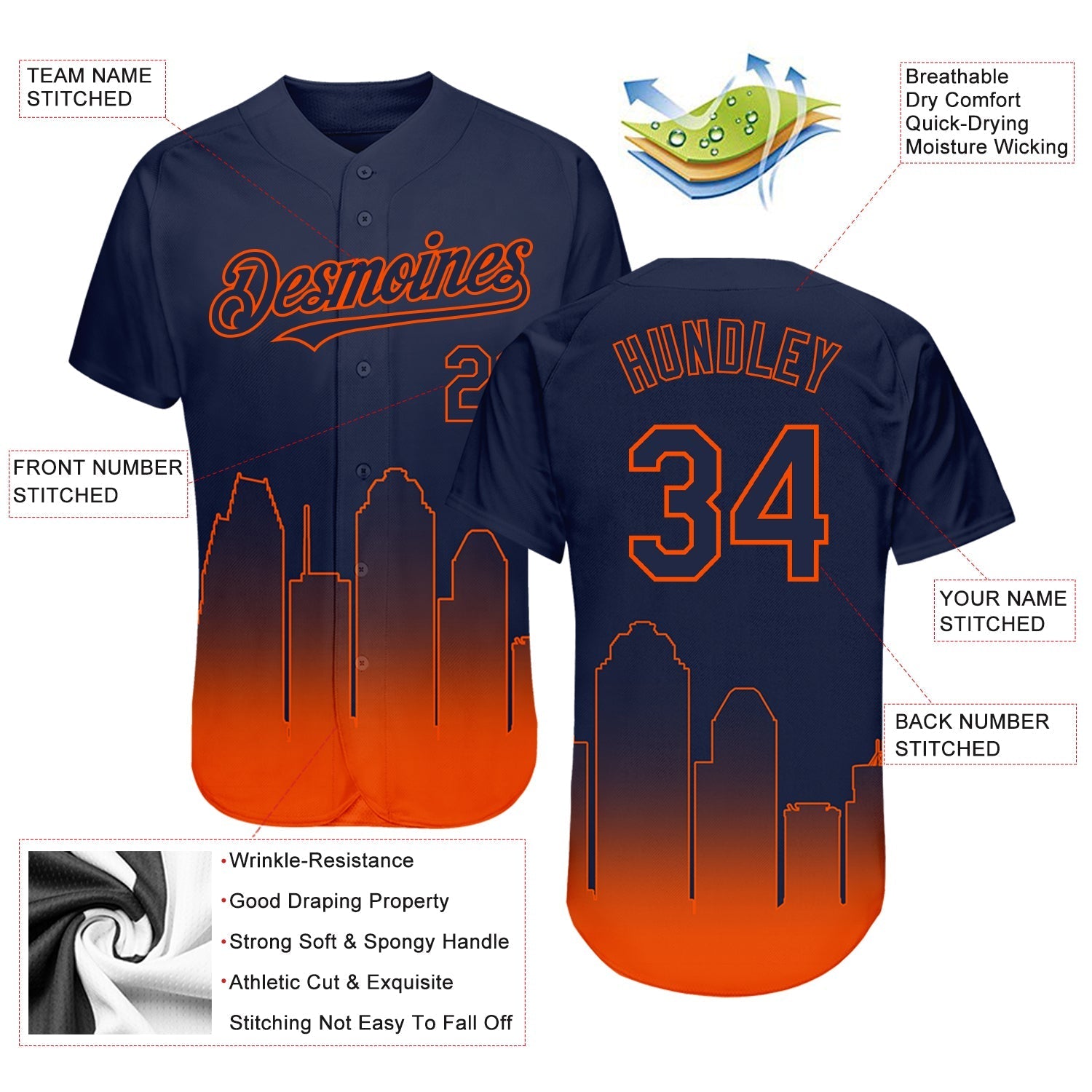 Custom Navy Orange 3D Houston City Edition Fade Fashion Authentic Baseball Jersey baseball jersey product view 3