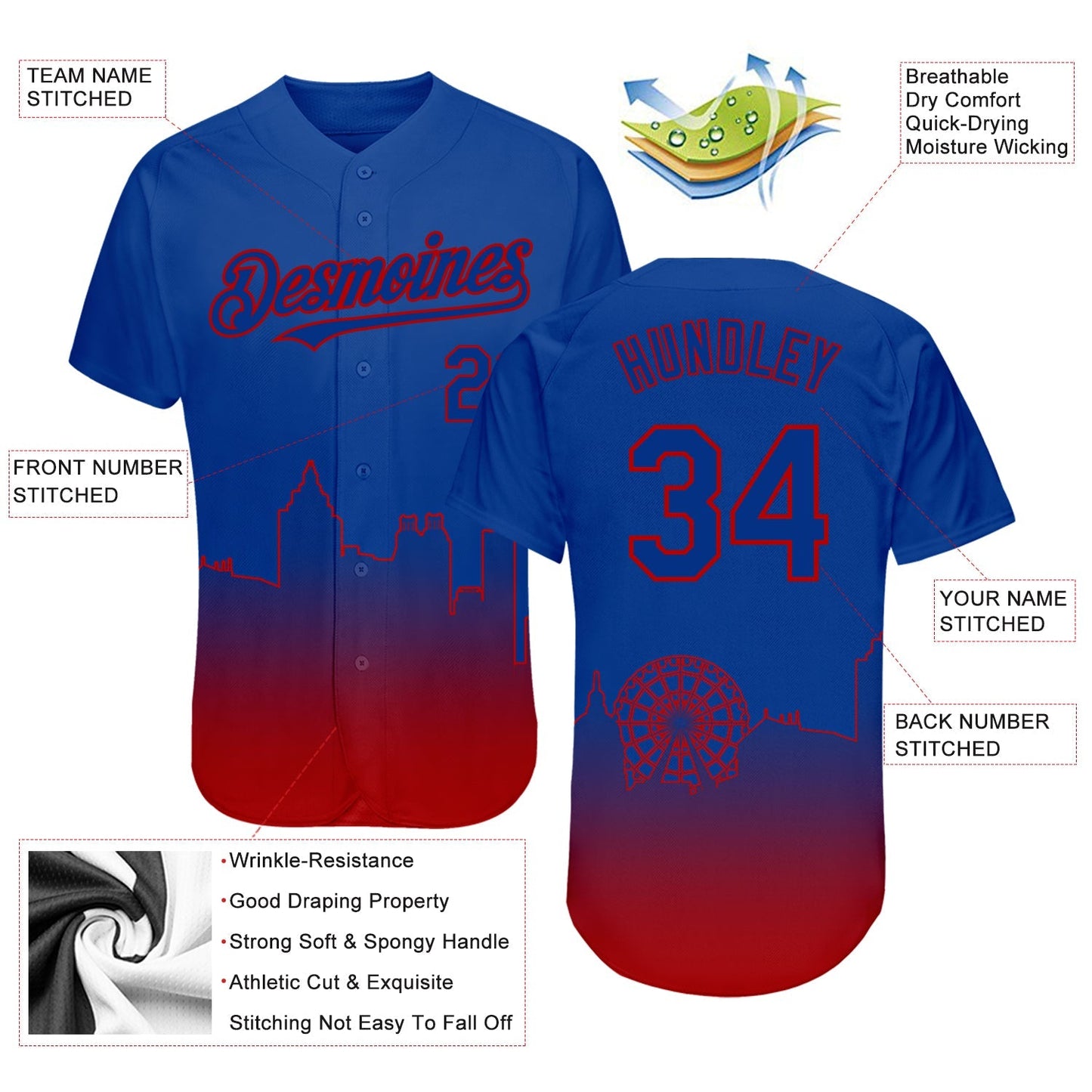Custom Royal Red 3D Atlanta City Edition Fade Fashion Authentic Baseball Jersey baseball jersey product view 3