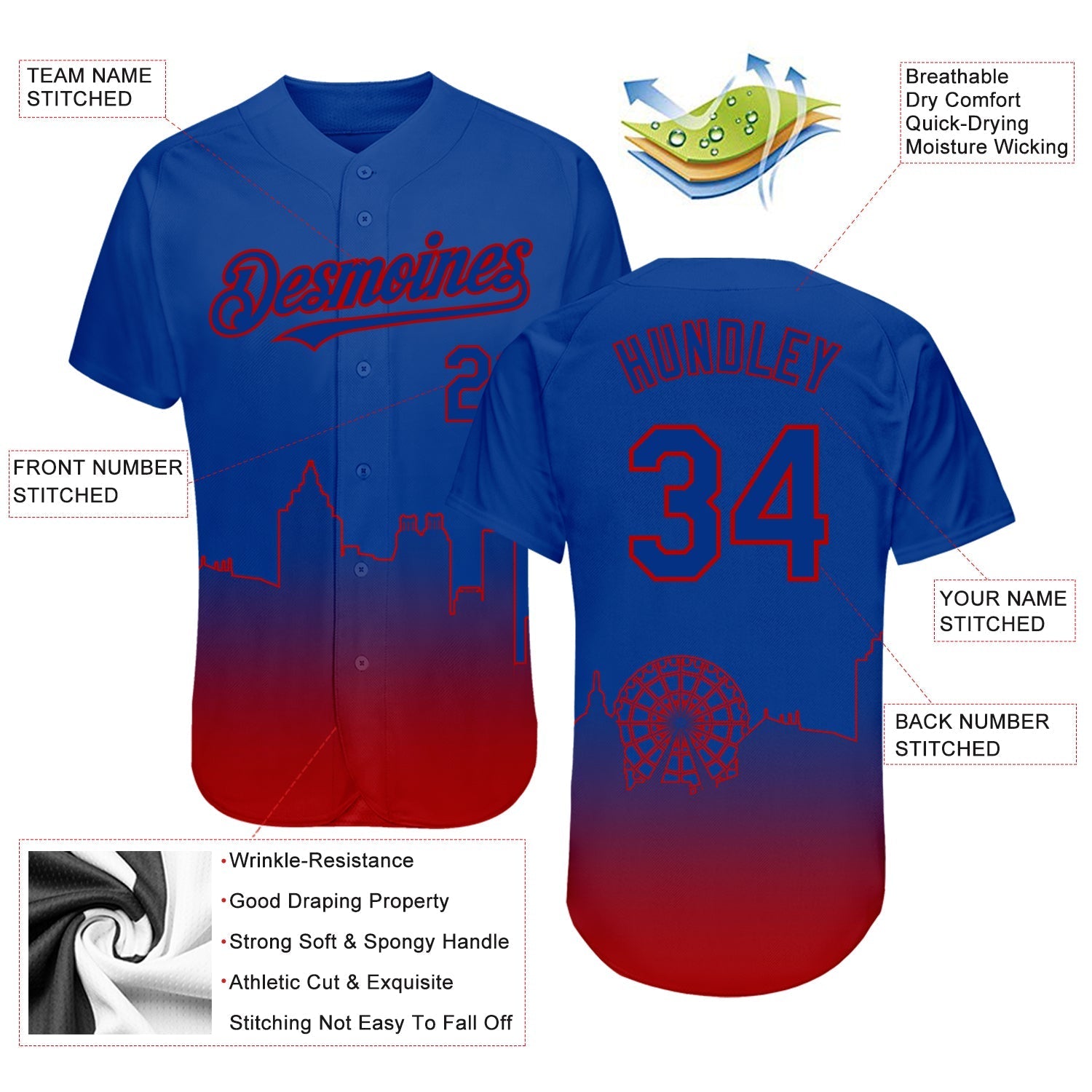 Custom Royal Red 3D Atlanta City Edition Fade Fashion Authentic Baseball Jersey baseball jersey product view 3