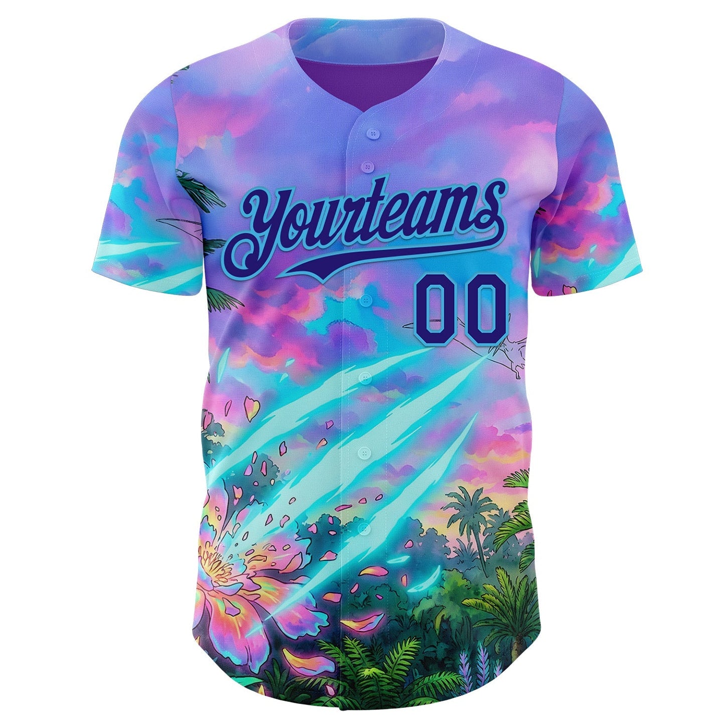 Custom Purple Dark Purple Pink-Sky Blue Cyber Tropical Palm Trees Psychedelic Sky Authentic Baseball Jersey baseball jersey product view 2
