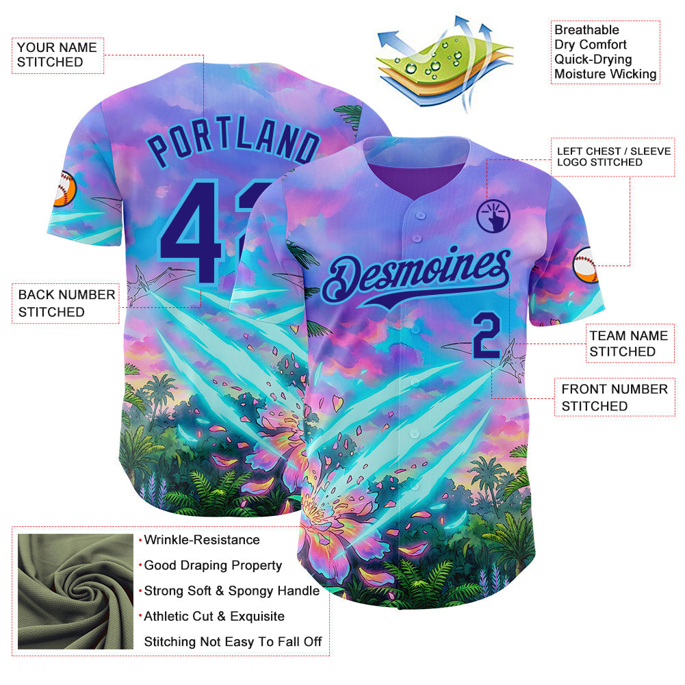 Custom Purple Dark Purple Pink-Sky Blue Cyber Tropical Palm Trees Psychedelic Sky Authentic Baseball Jersey baseball jersey product view 3