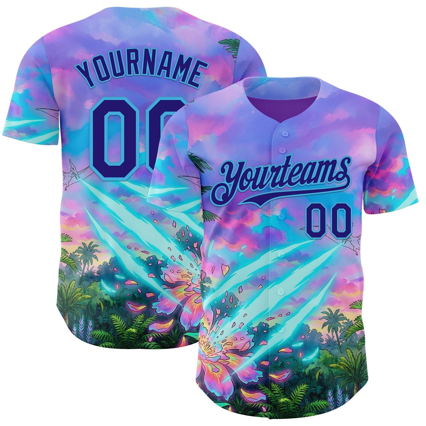Custom Purple Dark Purple Pink-Sky Blue Cyber Tropical Palm Trees Psychedelic Sky Authentic Baseball Jersey baseball jersey product view 1