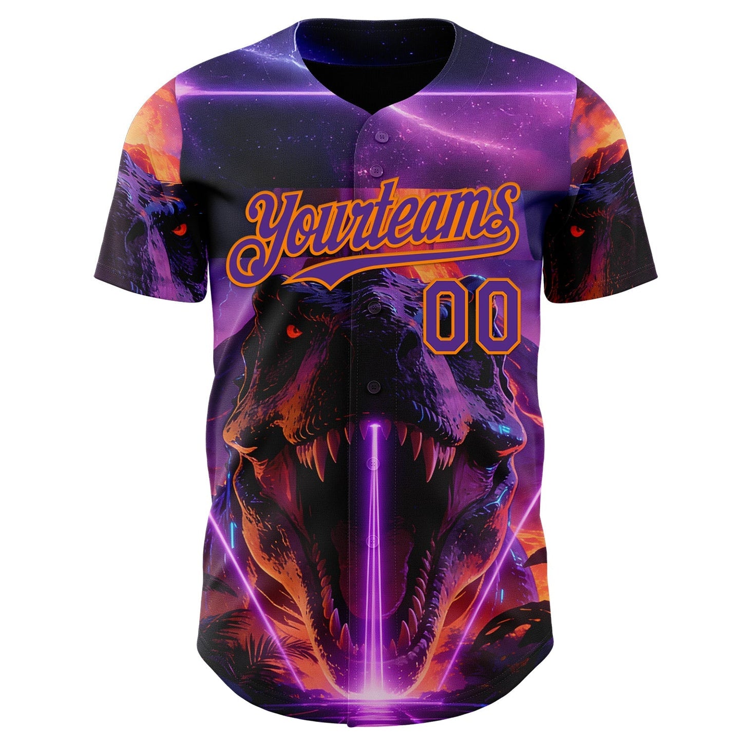 Custom Black Purple-Bay Orange Cyber Tropical Palm Trees Dinosaur Gothic Fantasy Authentic Baseball Jersey baseball jersey product view 2
