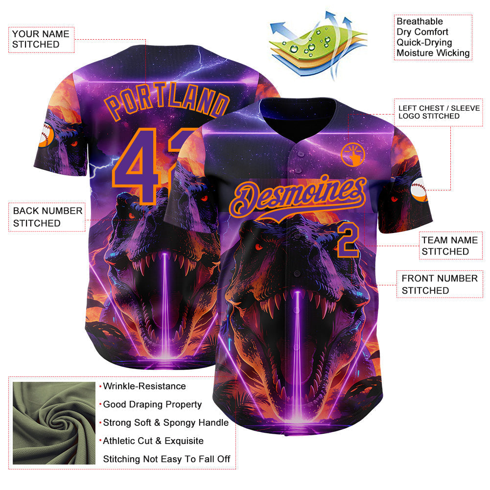 Custom Black Purple-Bay Orange Cyber Tropical Palm Trees Dinosaur Gothic Fantasy Authentic Baseball Jersey baseball jersey product view 3