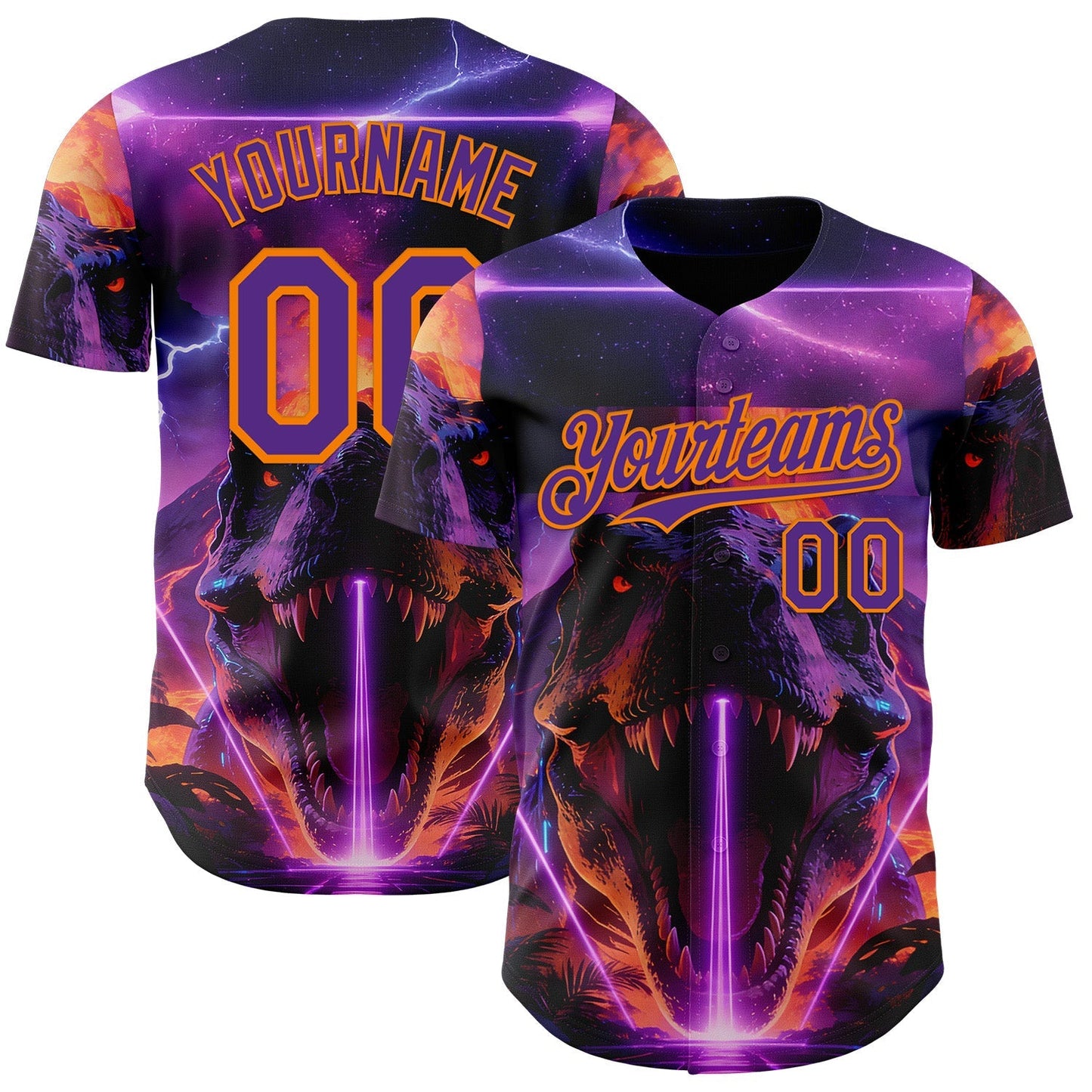 Custom Black Purple-Bay Orange Cyber Tropical Palm Trees Dinosaur Gothic Fantasy Authentic Baseball Jersey baseball jersey product view 1