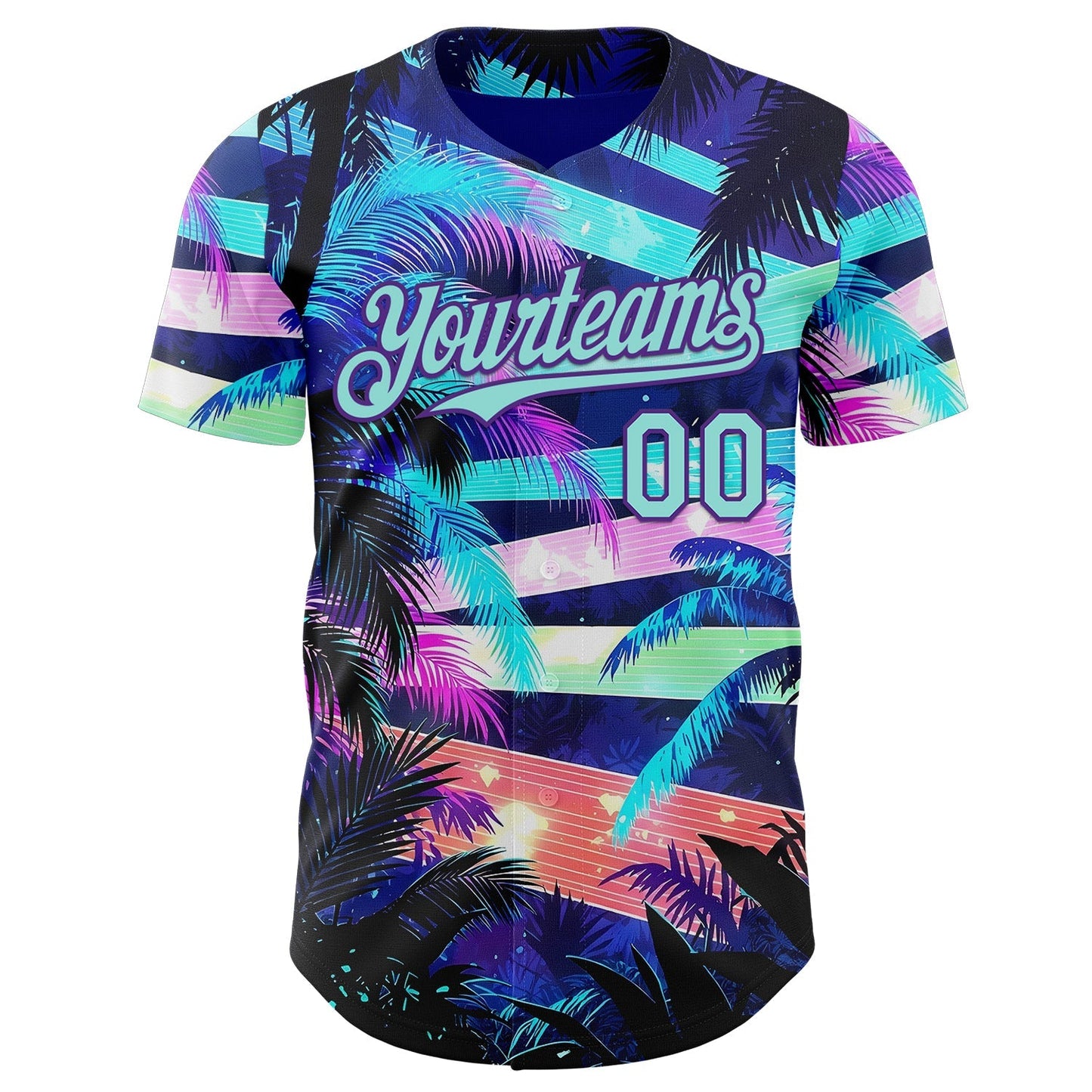 Custom Blue Ice Blue-Purple Cyber Tropical Palm Trees Music Festival Authentic Baseball Jersey baseball jersey product view 2