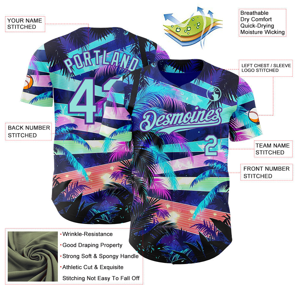 Custom Blue Ice Blue-Purple Cyber Tropical Palm Trees Music Festival Authentic Baseball Jersey baseball jersey product view 3