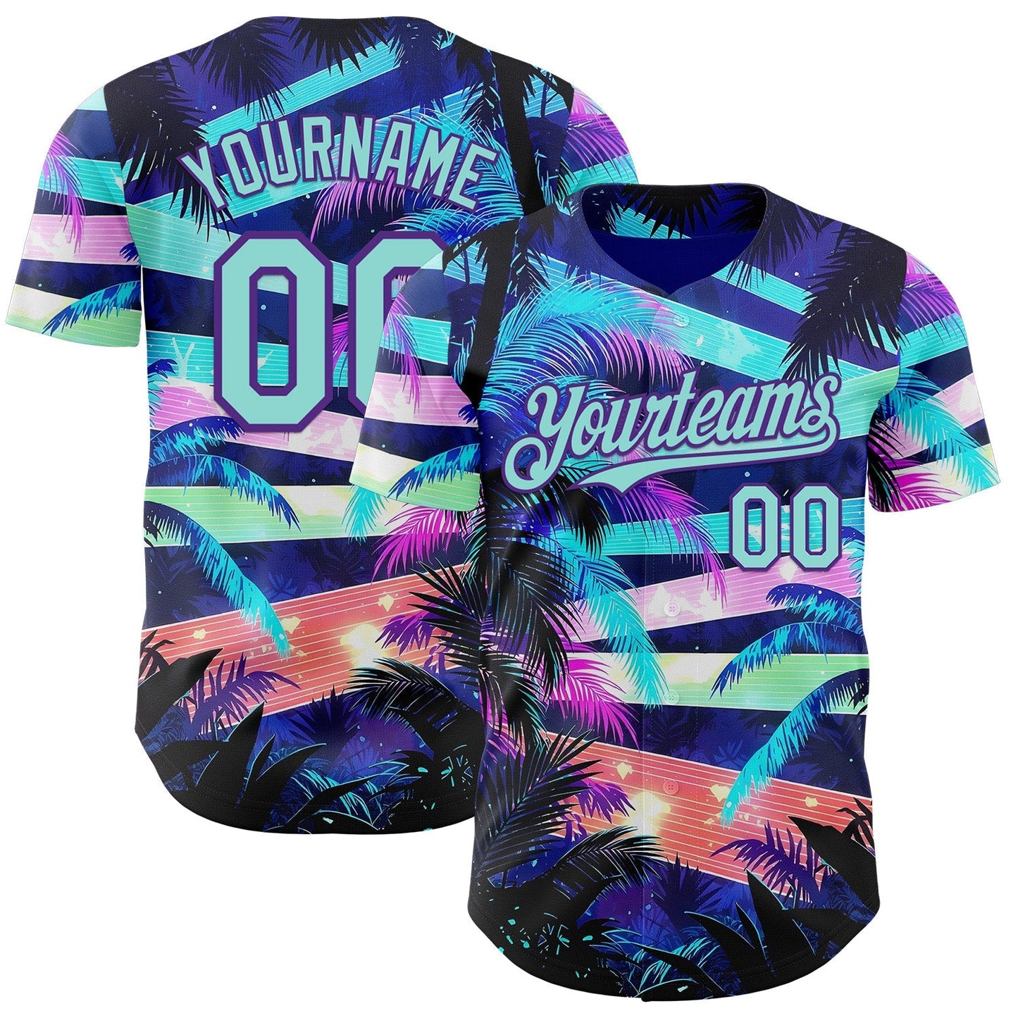 Custom Blue Ice Blue-Purple Cyber Tropical Palm Trees Music Festival Authentic Baseball Jersey baseball jersey product view 1