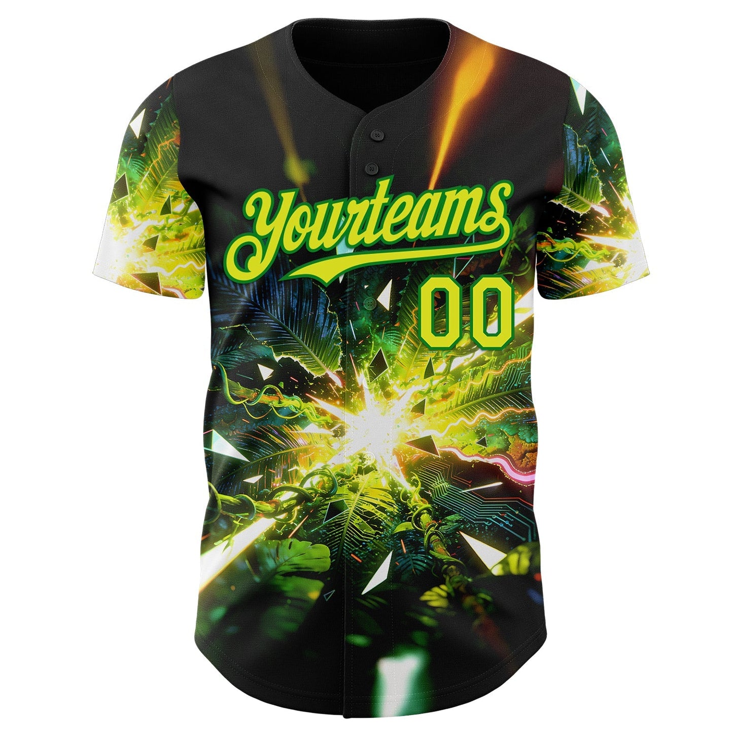 Custom Black Neon Yellow-Grass Green Cyber Tropical Palm Trees Music Festival Authentic Baseball Jersey baseball jersey product view 2
