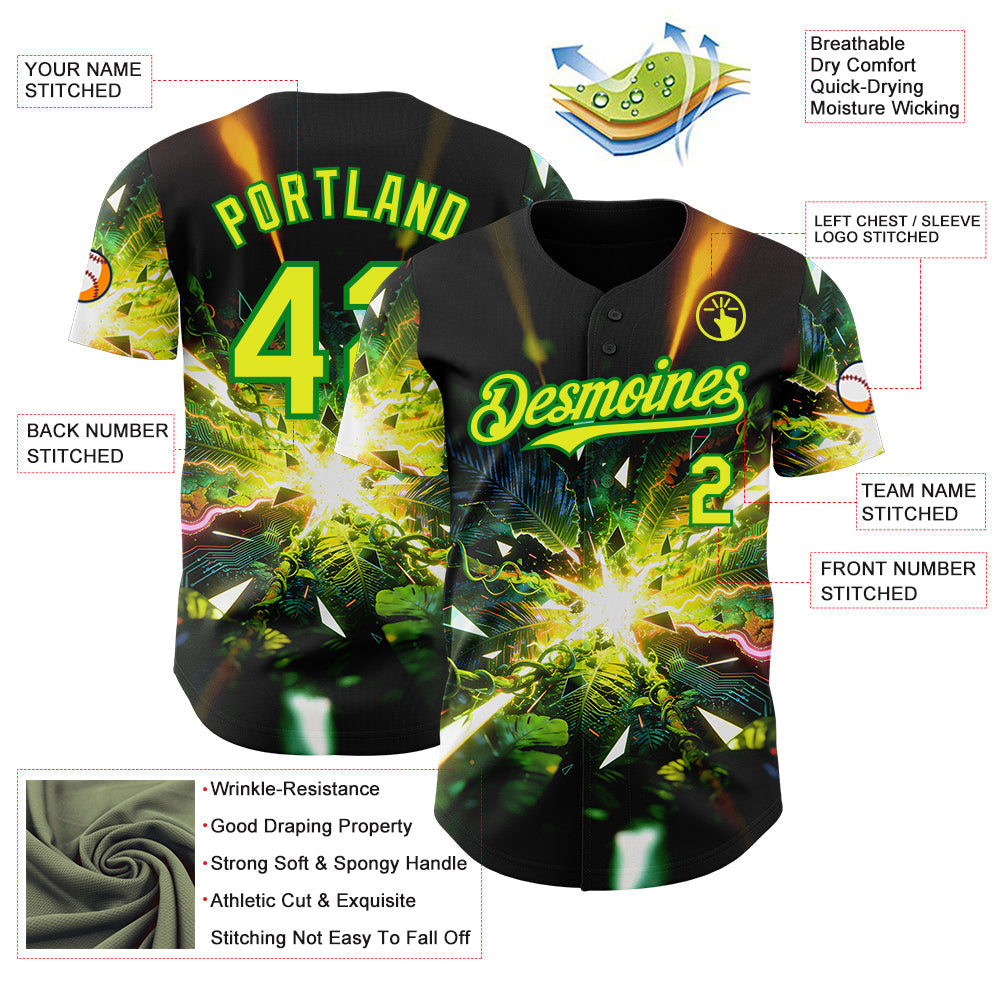 Custom Black Neon Yellow-Grass Green Cyber Tropical Palm Trees Music Festival Authentic Baseball Jersey baseball jersey product view 3