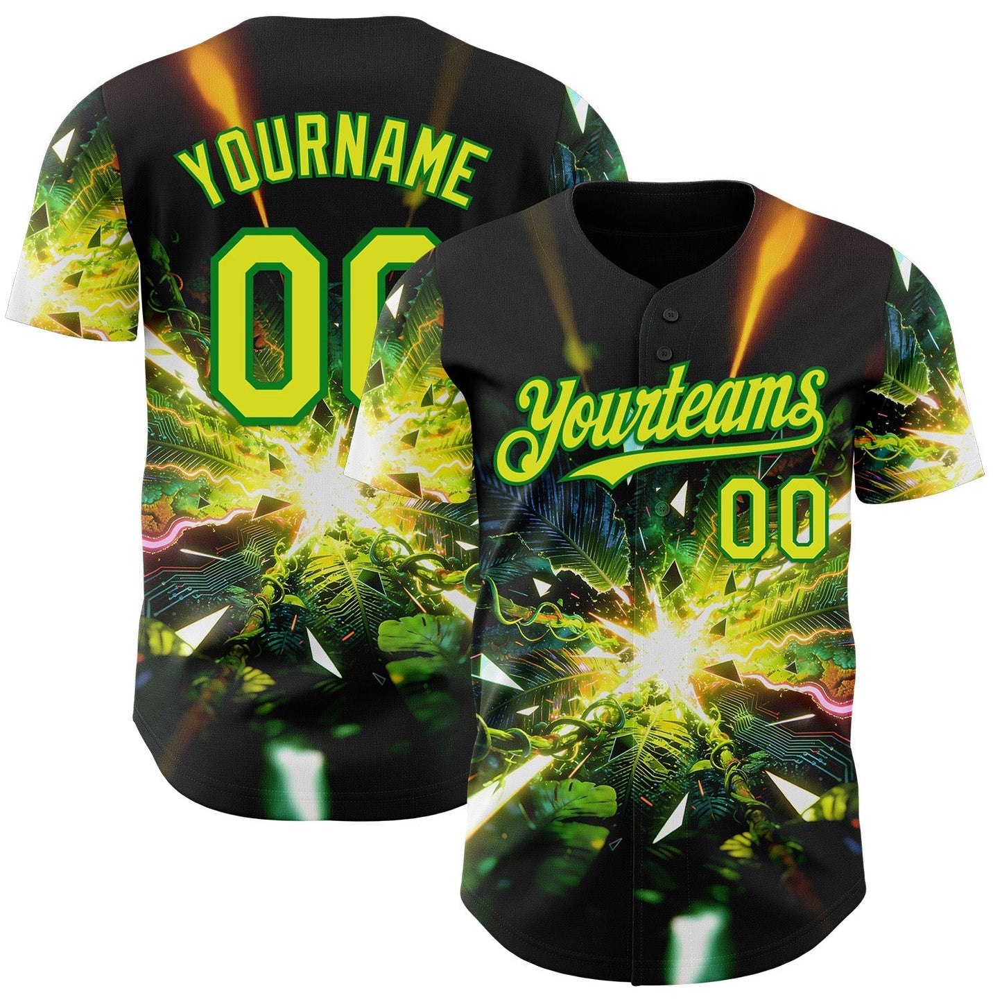 Custom Black Neon Yellow-Grass Green Cyber Tropical Palm Trees Music Festival Authentic Baseball Jersey baseball jersey product view 1