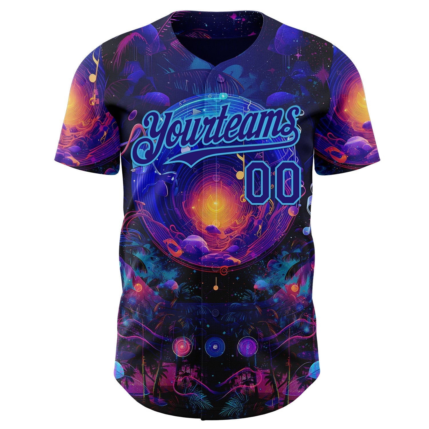 Custom Blue Dark Purple-Sky Blue Cyber Tropical Palm Trees Music Festival Cosmic Nebula Authentic Baseball Jersey baseball jersey product view 2