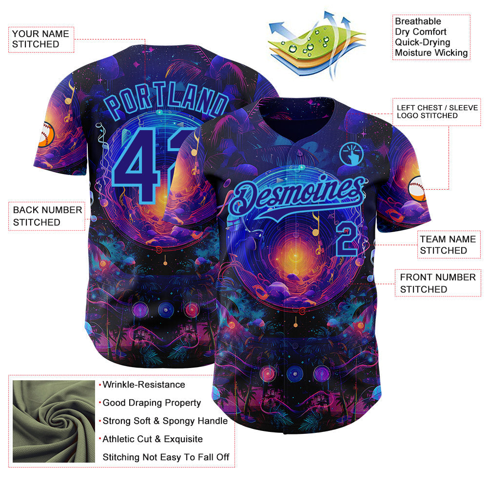 Custom Blue Dark Purple-Sky Blue Cyber Tropical Palm Trees Music Festival Cosmic Nebula Authentic Baseball Jersey baseball jersey product view 3