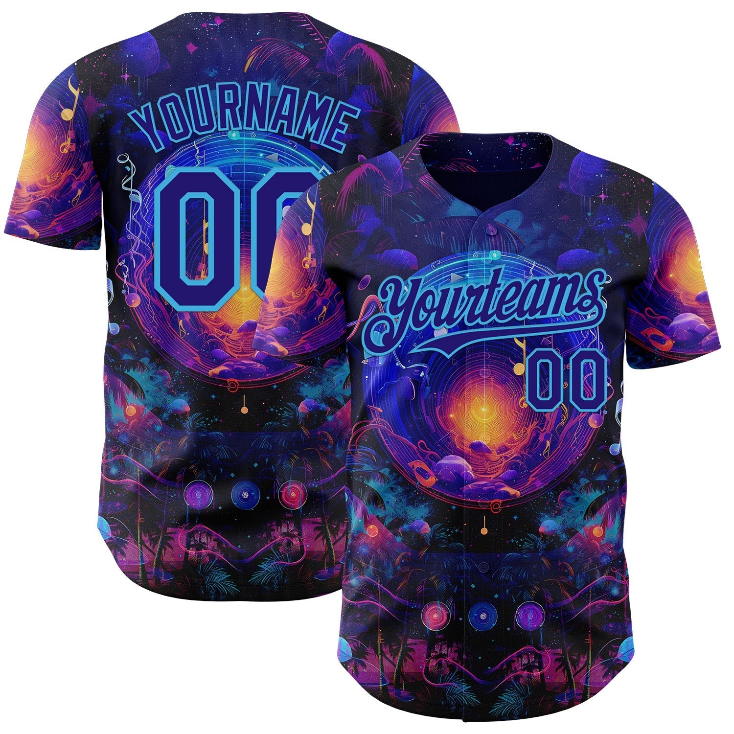 Custom Blue Dark Purple-Sky Blue Cyber Tropical Palm Trees Music Festival Cosmic Nebula Authentic Baseball Jersey baseball jersey product view 1