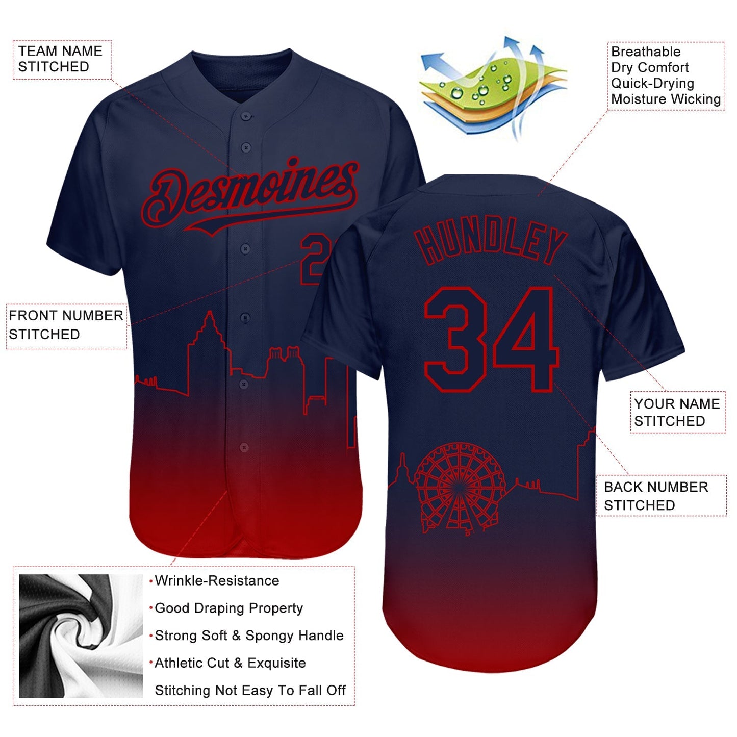 Custom Navy Red 3D Atlanta City Edition Fade Fashion Authentic Baseball Jersey baseball jersey product view 3
