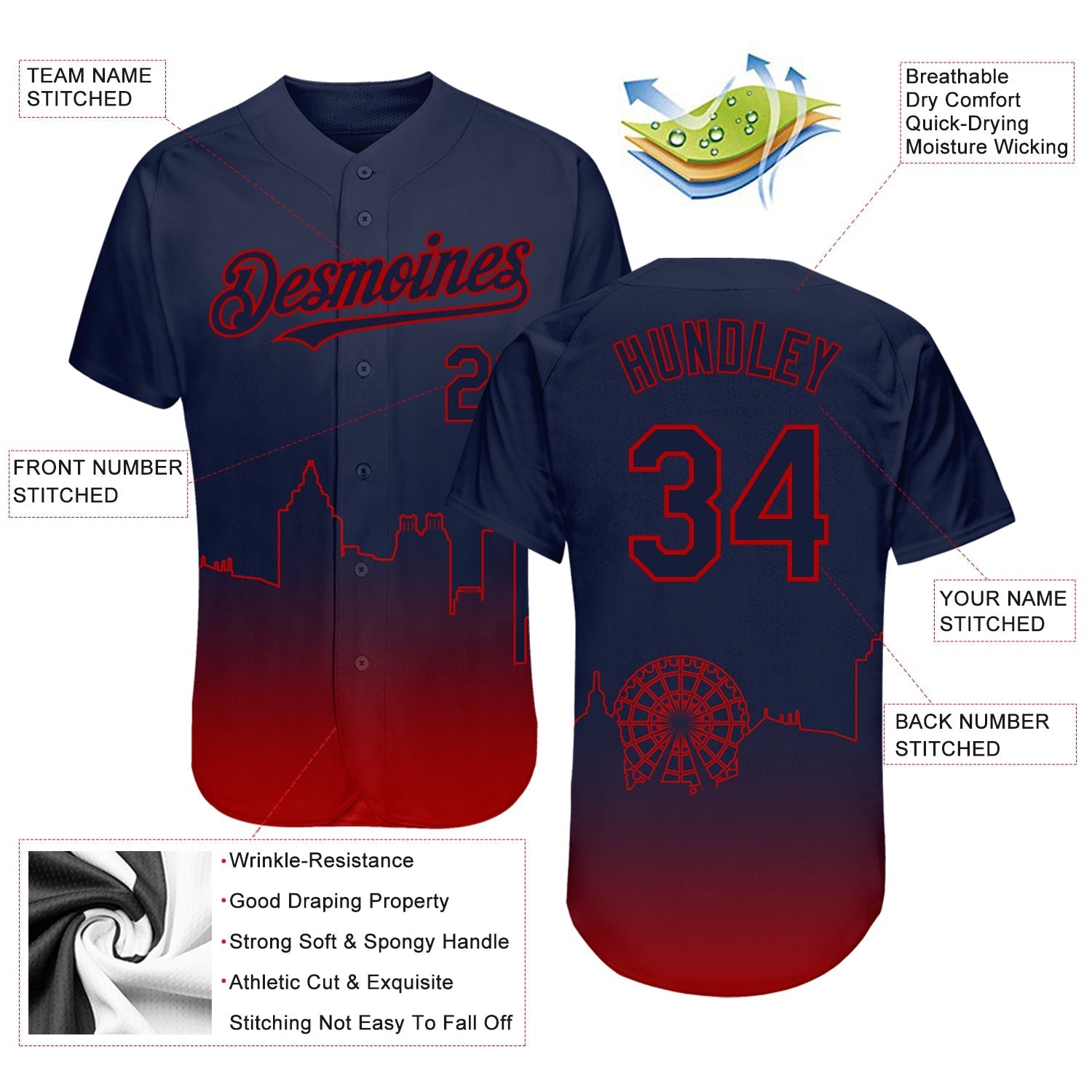 Custom Navy Red 3D Atlanta City Edition Fade Fashion Authentic Baseball Jersey baseball jersey product view 3