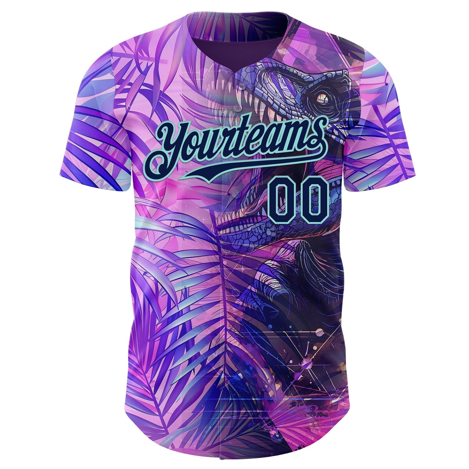 Custom Purple Navy-Ice Blue Cyber Tropical Palm Trees Dinosaur Gothic Fantasy Authentic Baseball Jersey baseball jersey product view 2