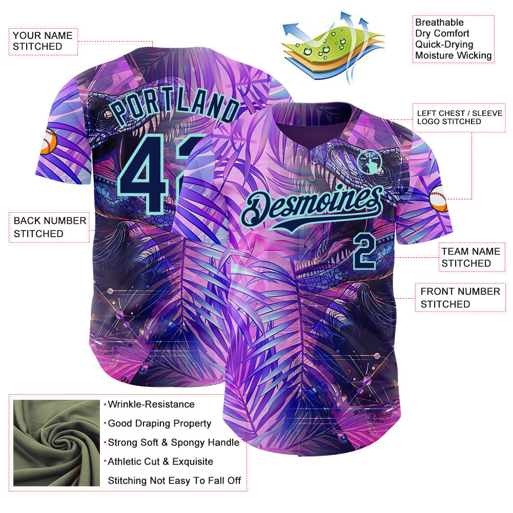 Custom Purple Navy-Ice Blue Cyber Tropical Palm Trees Dinosaur Gothic Fantasy Authentic Baseball Jersey baseball jersey product view 3