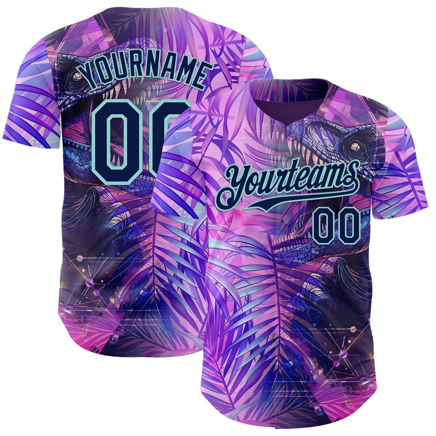Custom Purple Navy-Ice Blue Cyber Tropical Palm Trees Dinosaur Gothic Fantasy Authentic Baseball Jersey baseball jersey product view 1