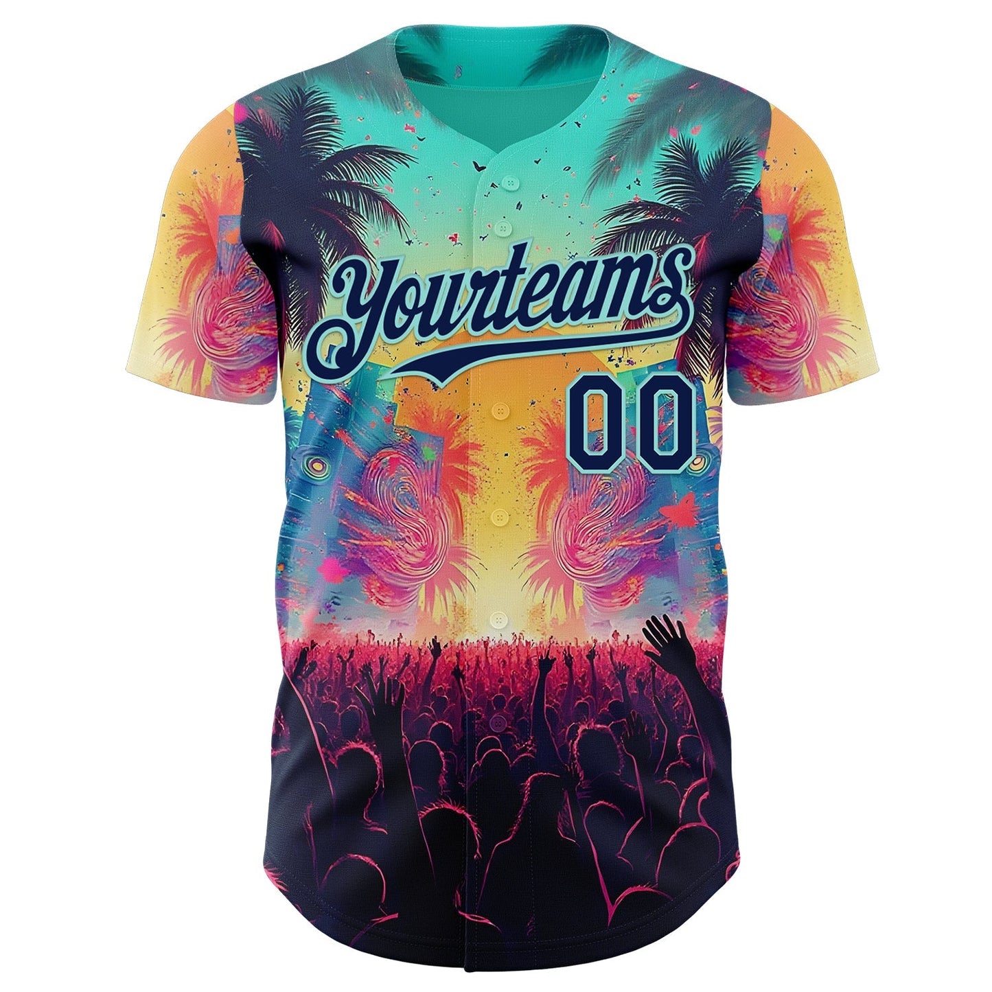 Custom Ice Blue-Navy Cyber Tropical Palm Trees Music Festival Authentic Baseball Jersey baseball jersey product view 2