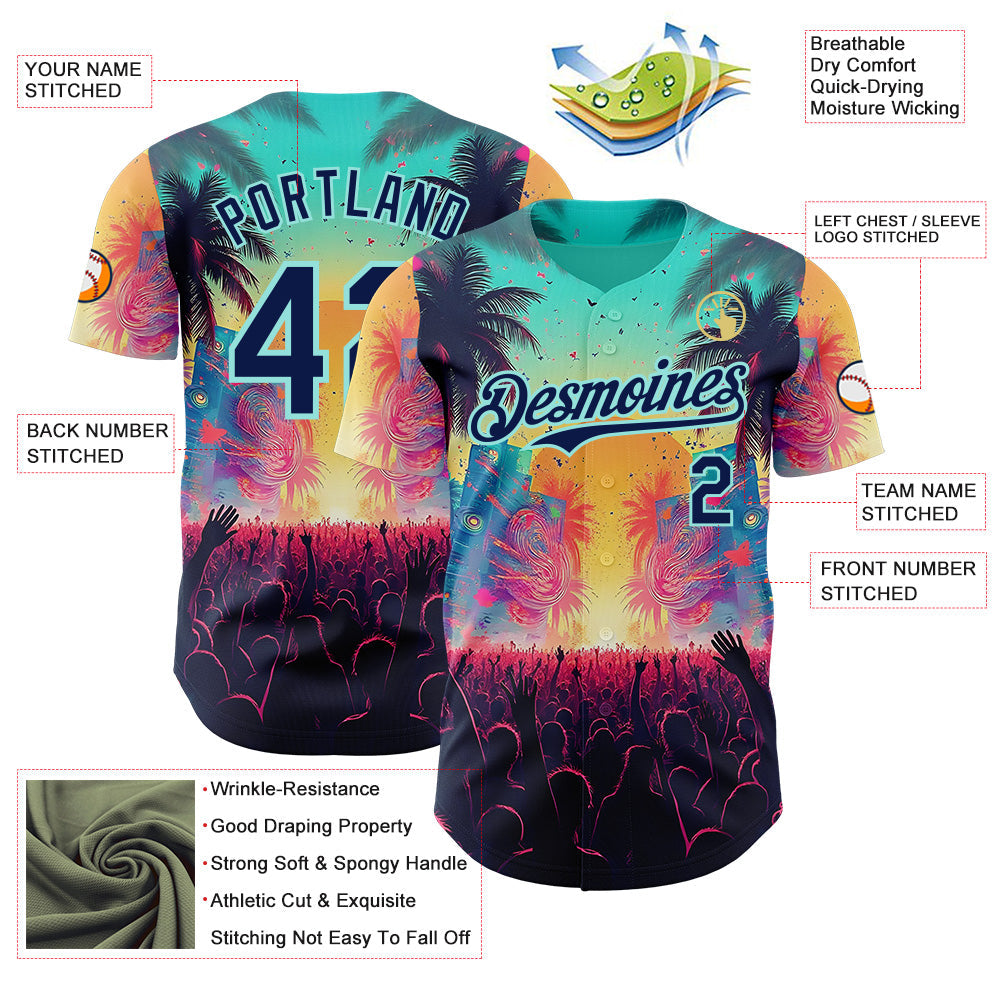Custom Ice Blue-Navy Cyber Tropical Palm Trees Music Festival Authentic Baseball Jersey baseball jersey product view 3